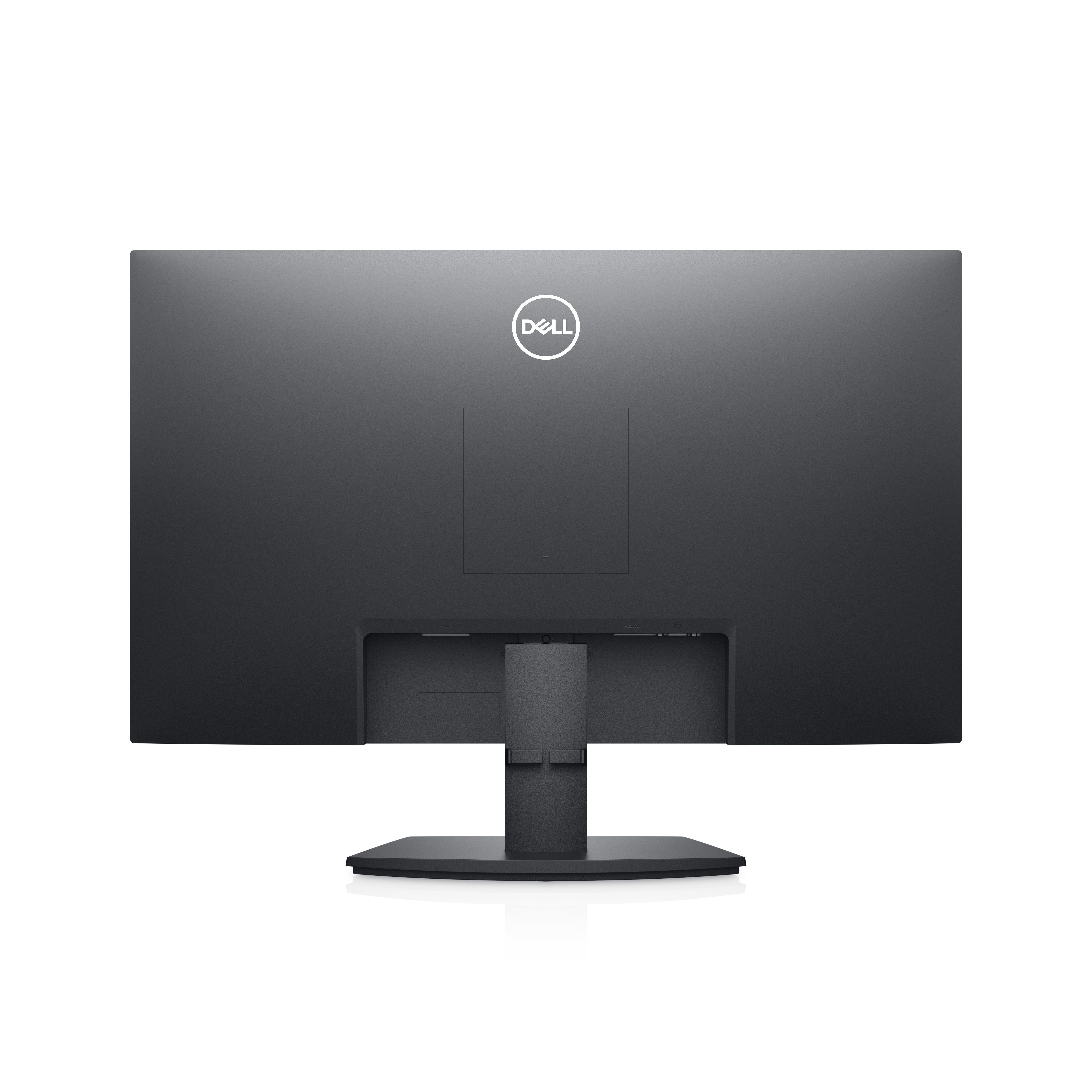 Retro di un monitor per computer nero, con il logo DELL in alto e porte e supporto in basso.
