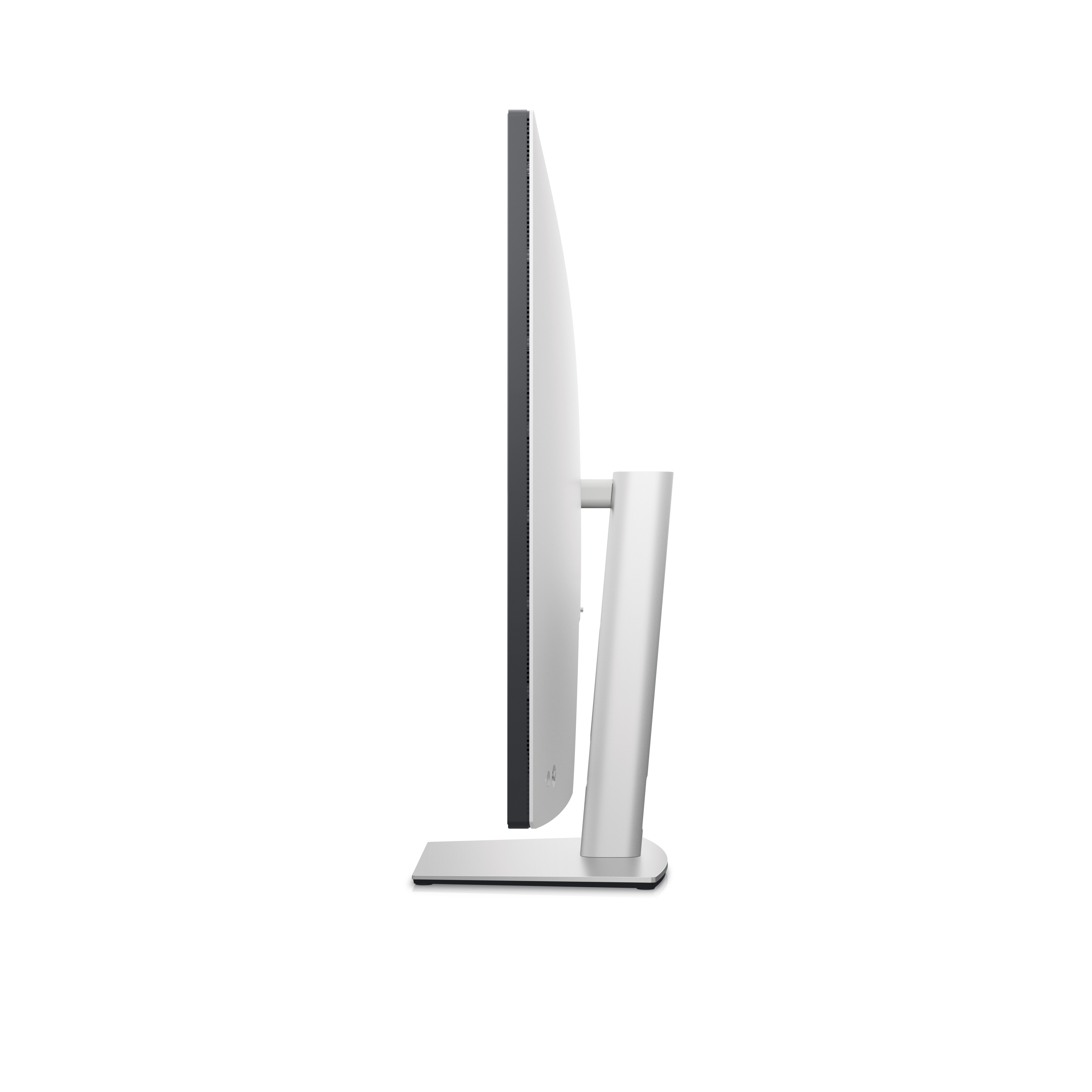 Widok z boku monitora Dell, srebrna podstawa, czarny ekran i ramka na białym tle.