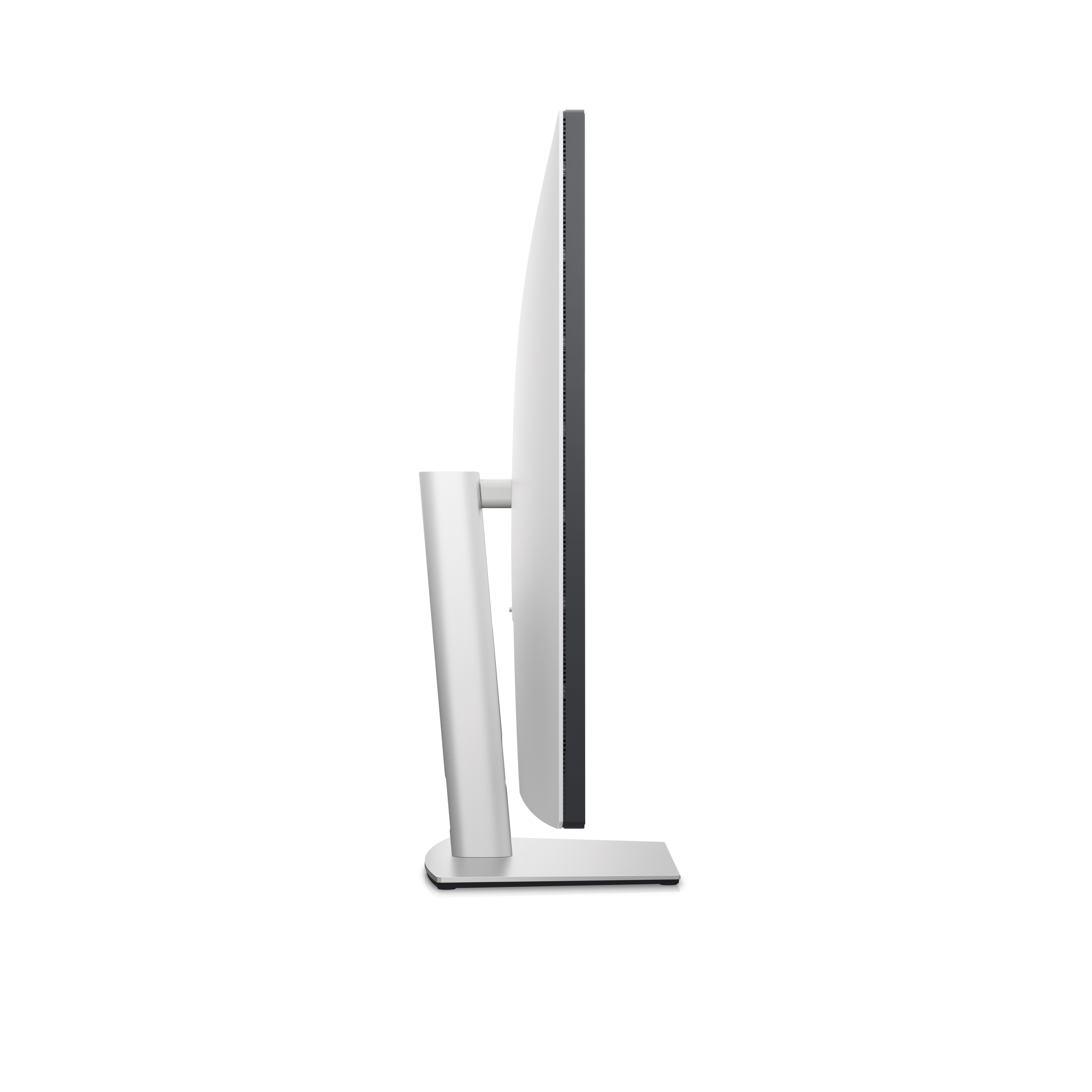 Widok z boku białego i srebrnego monitora z podstawą.