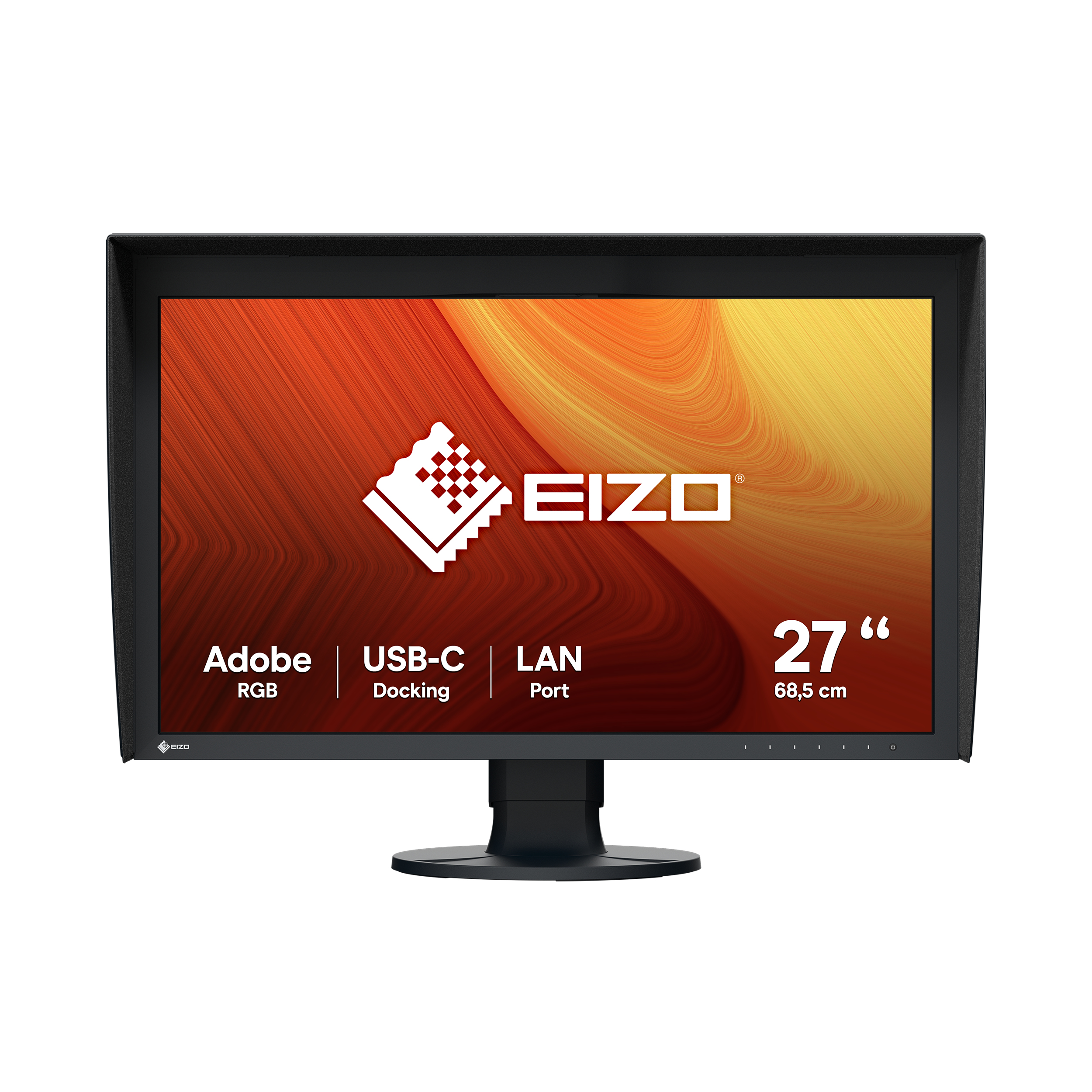 Ein schwarzer EIZO-Monitor mit farbenfrohem Hintergrund. Der Monitor hat einen schwarzen Rahmen.