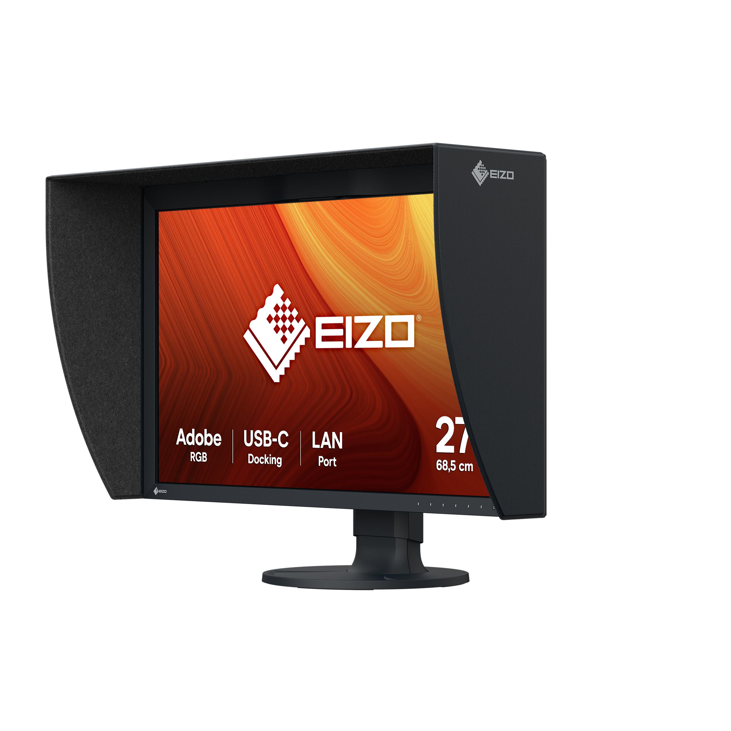 EIZO Monitor mit Sonnenblende, zeigt Inhalte mit Branding.