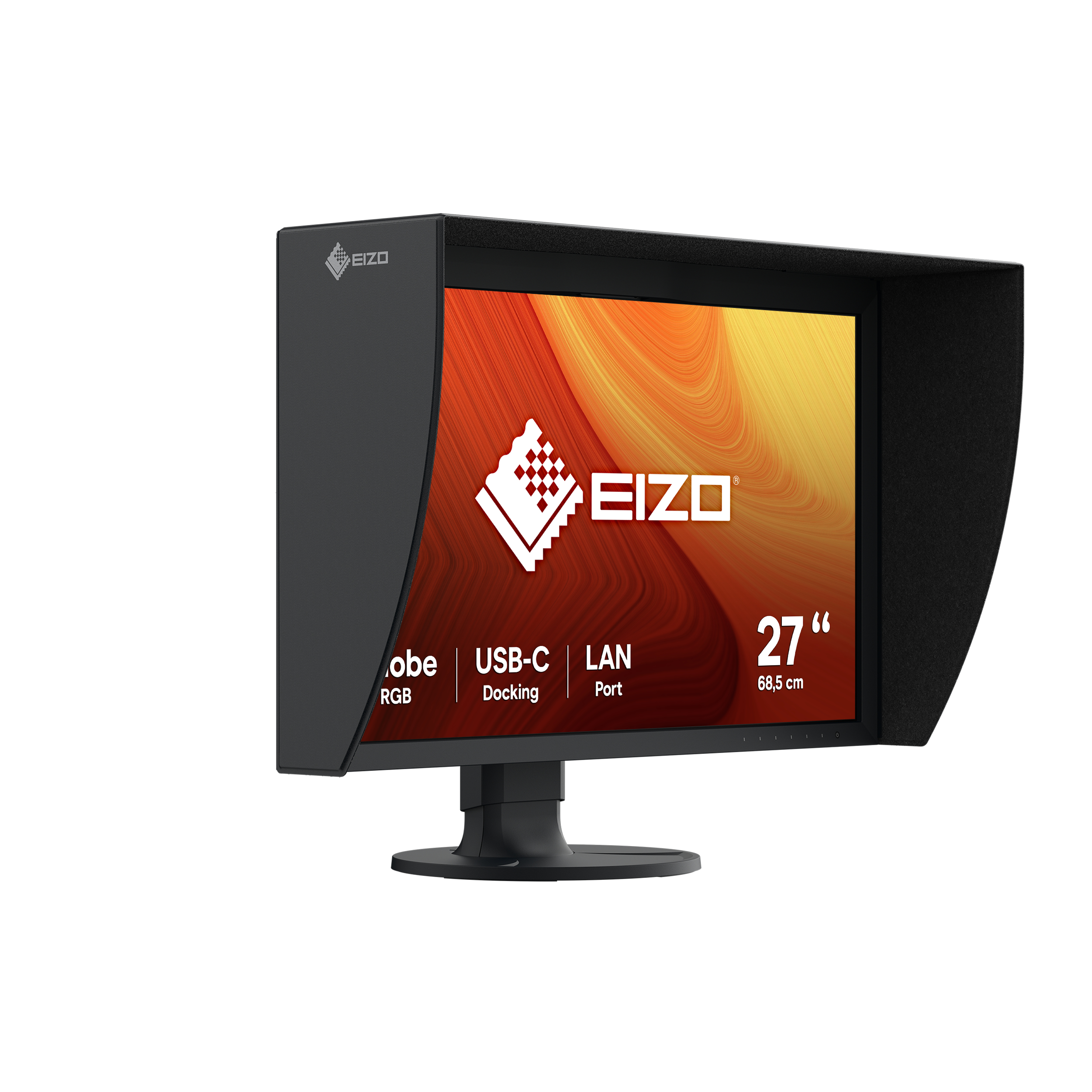 Monitor mit schwarzem Rahmen, Bildschirm mit farbenfrohem Design und schwarzer Haube.