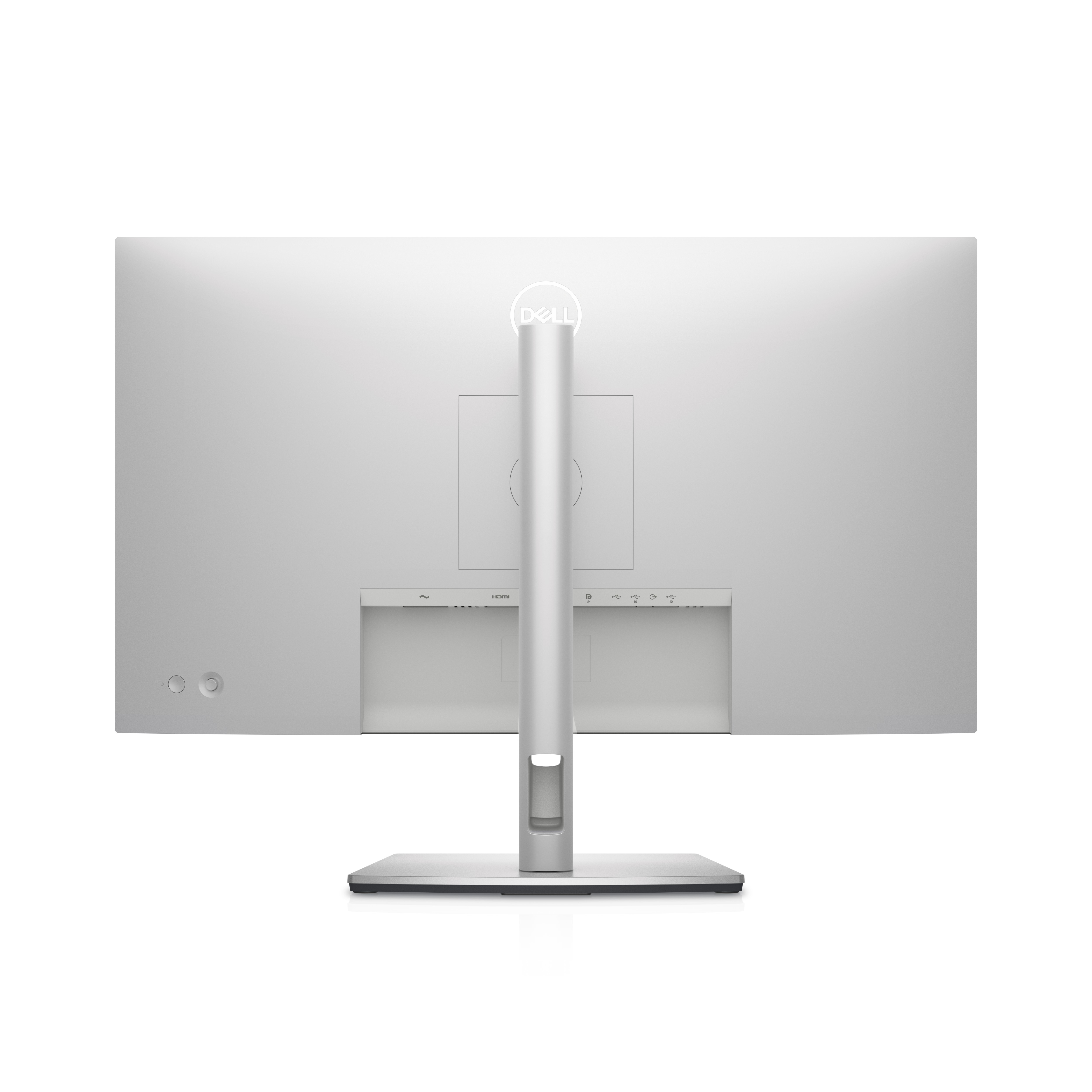 Monitor Dell z tyłu. Tył jest srebrny, a podstawa widoczna.