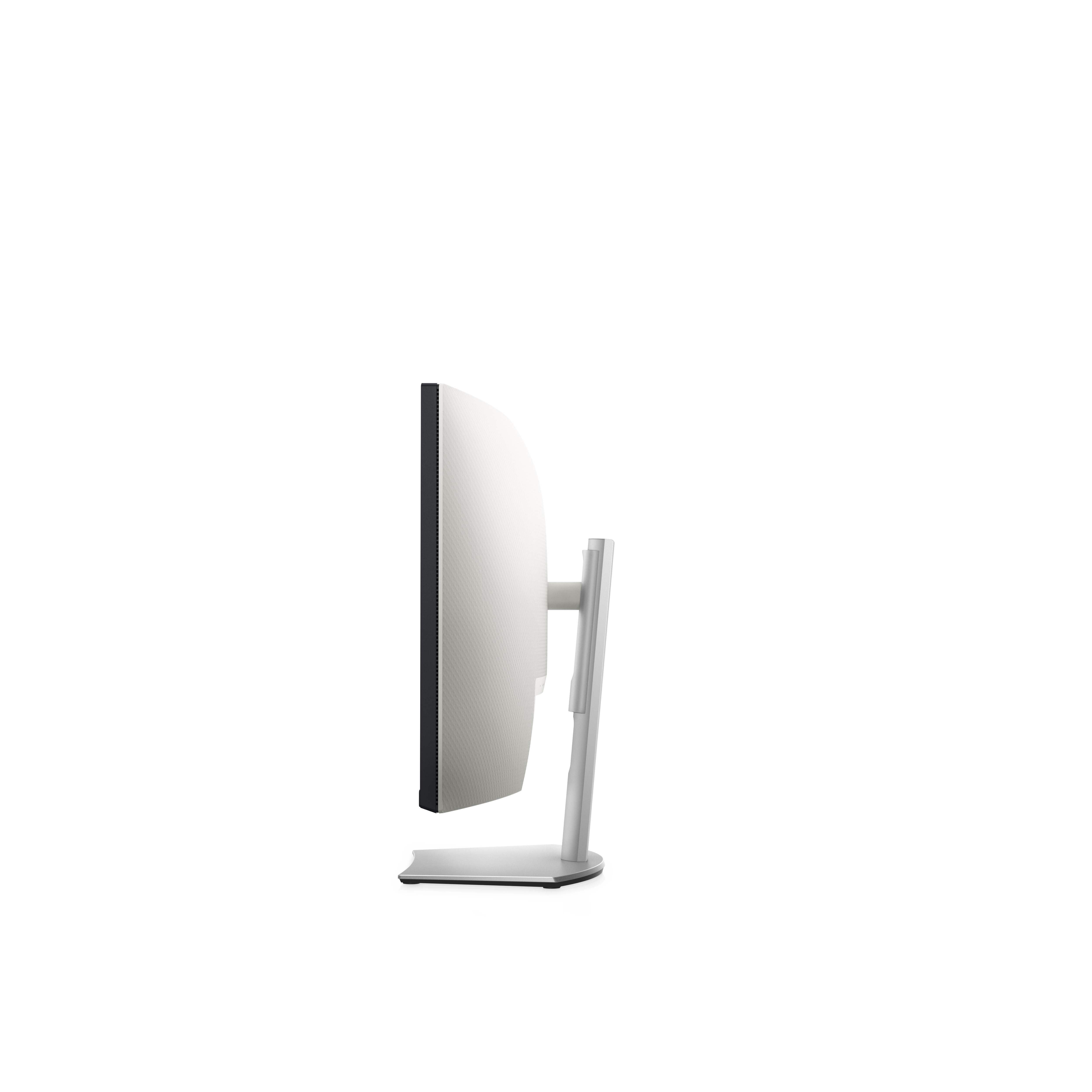 Seitenansicht eines silbernen Computermonitors mit Ständer. Weißer Hintergrund.