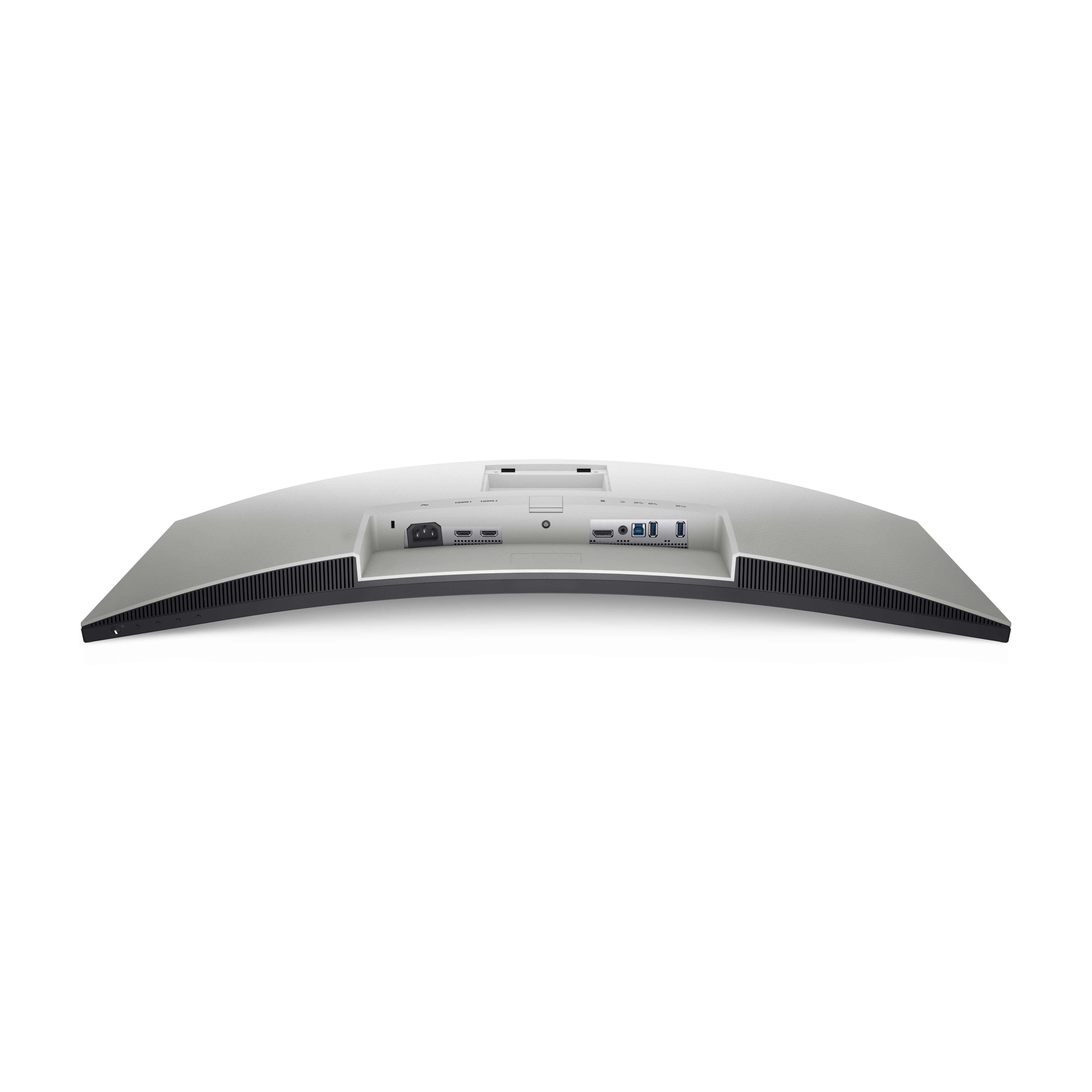 Rückseite des gekrümmten Monitors mit Anschlüssen. Enthält Strom, USB, HDMI und andere Anschlüsse.