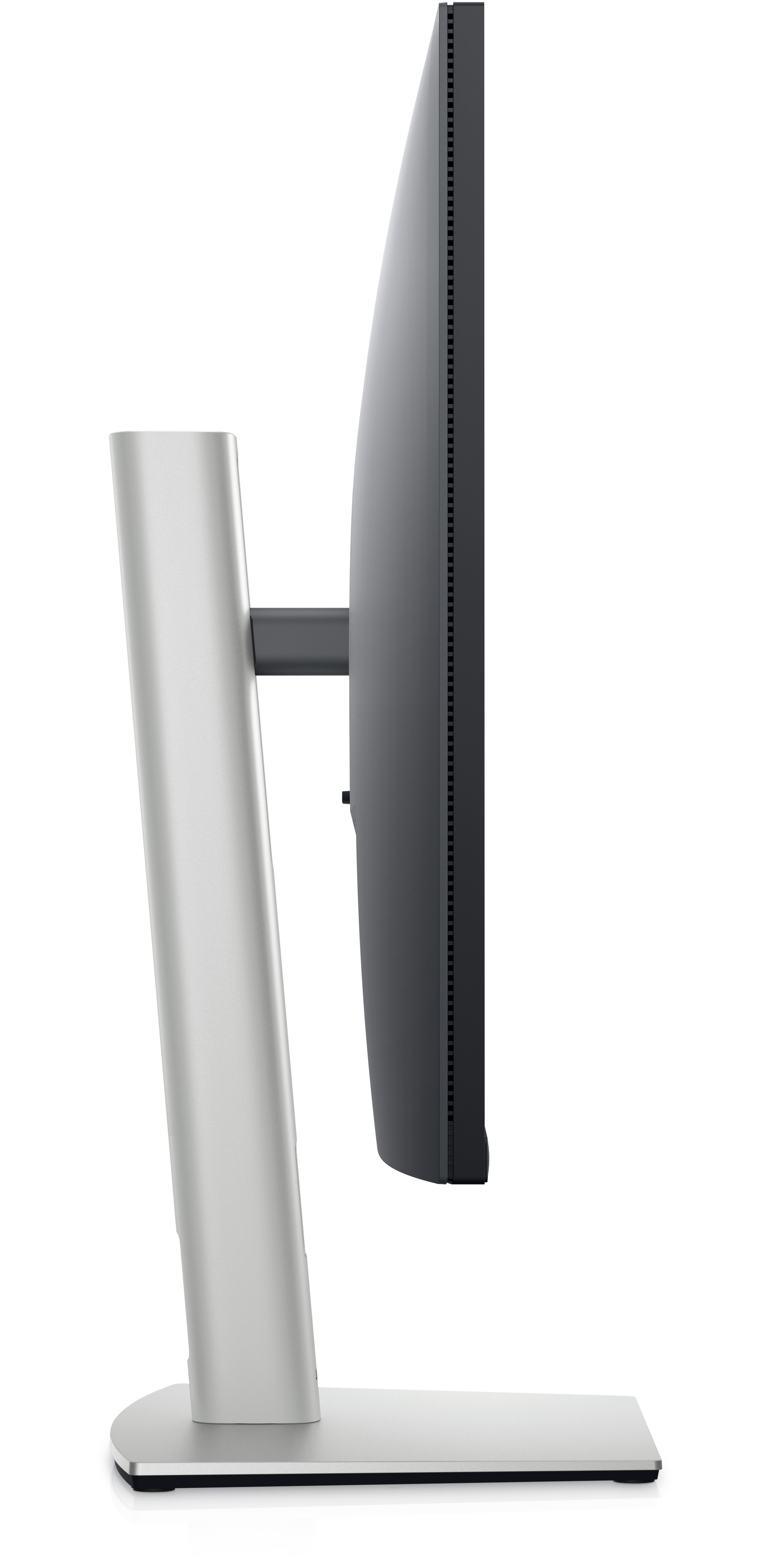 Widok z boku monitora komputera. Srebrna podstawka, czarny ekran i ramka.