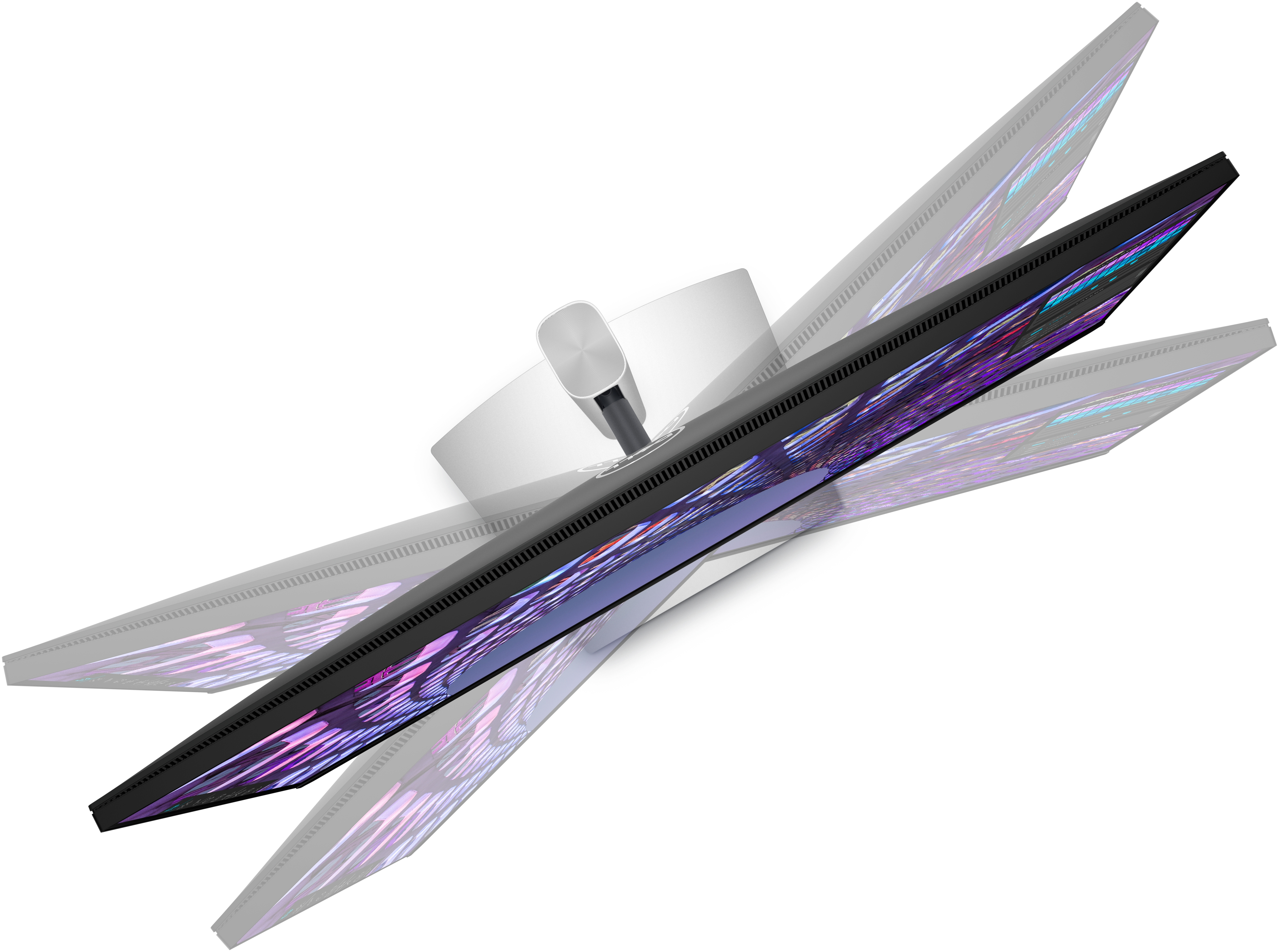 Monitor komputera, widok z góry. Biała podstawa, czarna ramka i kolorowy ekran na białym tle.