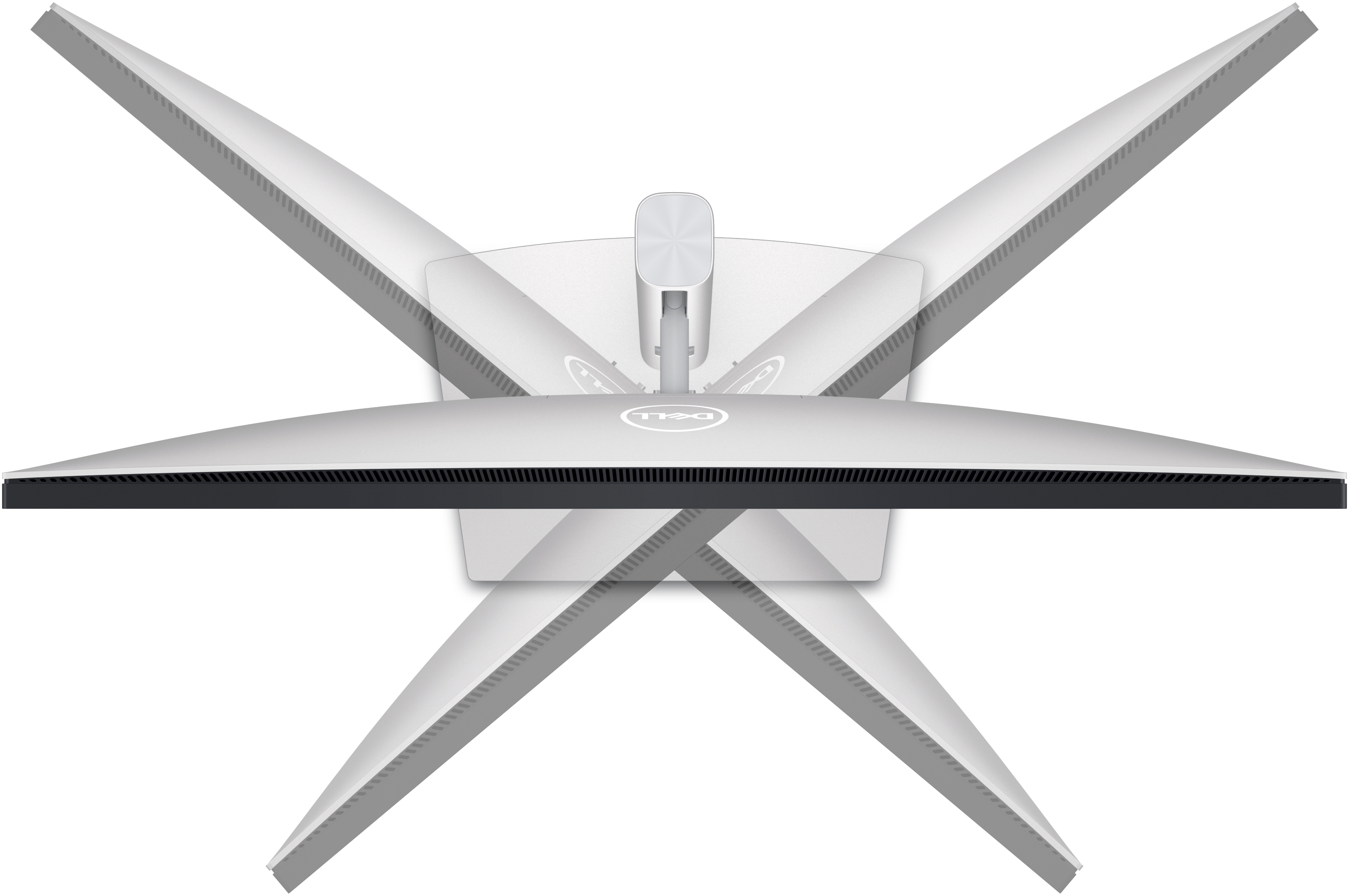 Widok z góry na monitor z białą ramką. Srebrna podstawa i logo Dell wyśrodkowane na dole.