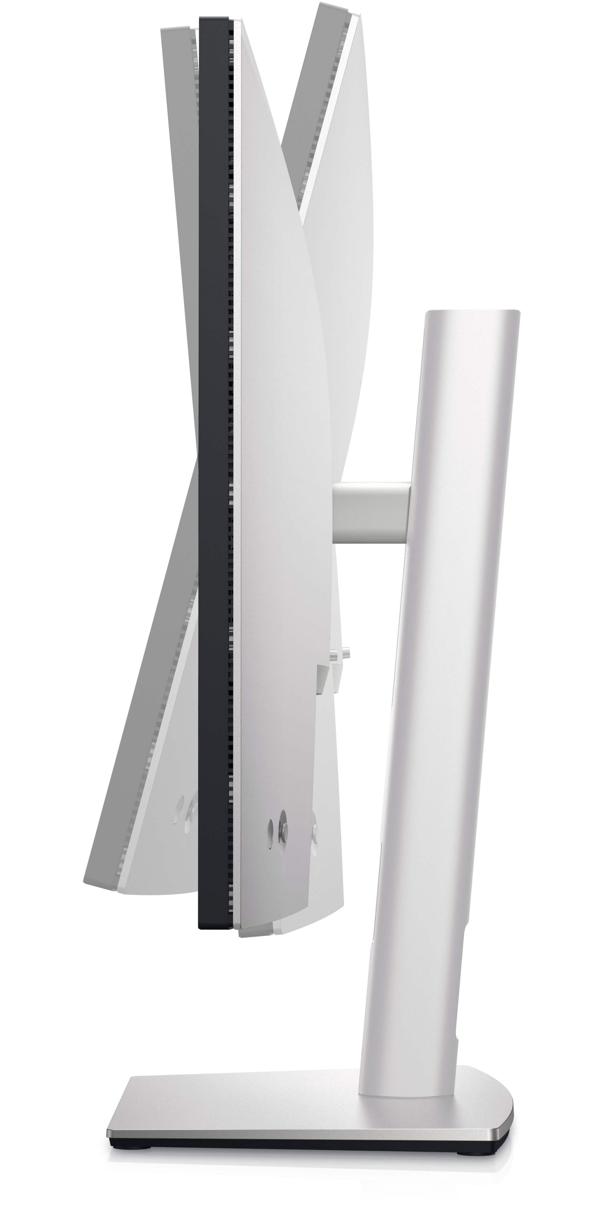 Biały monitor komputerowy. Ma srebrną podstawę i jest pochylony na bok.