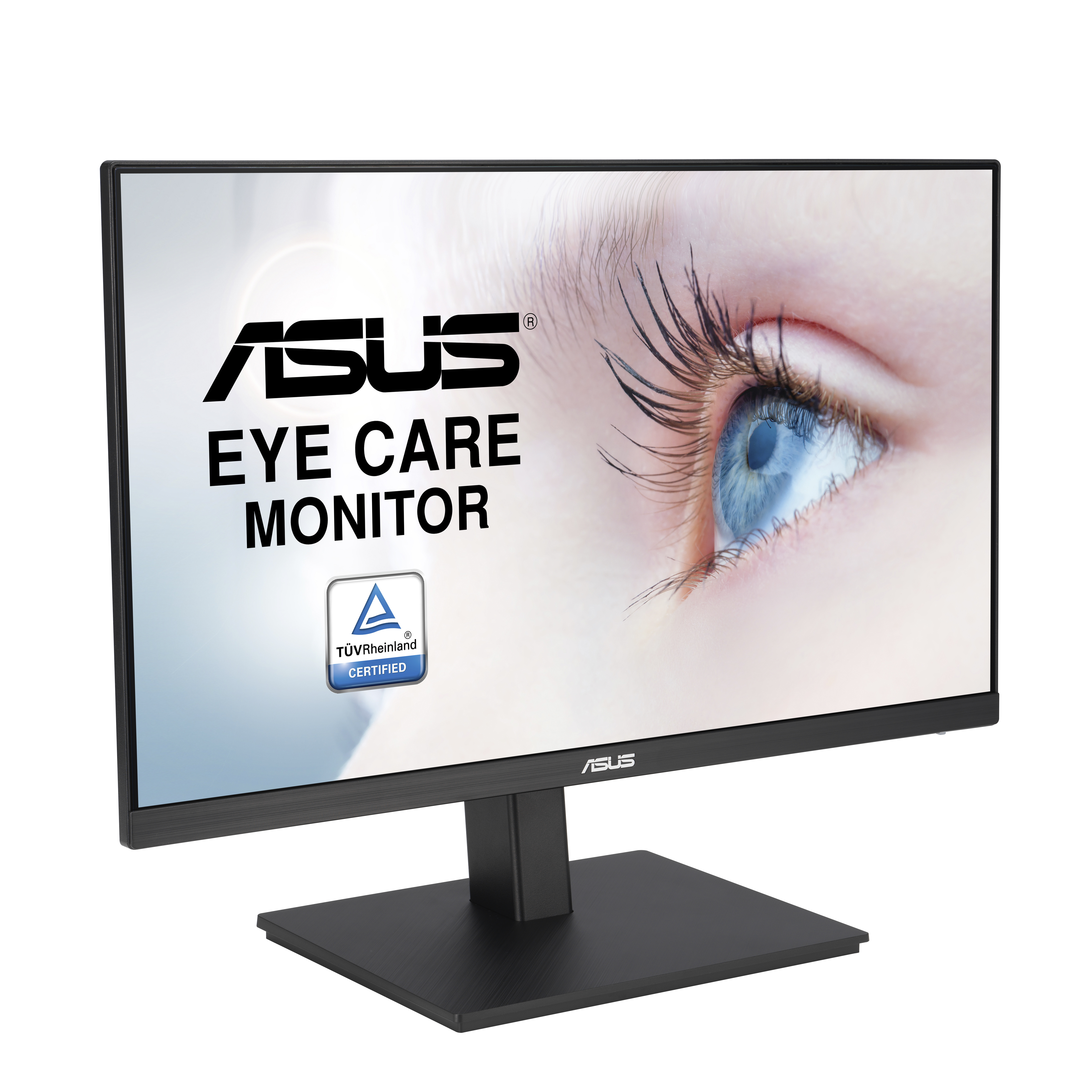 ASUS Eye-Care-Monitor zeigt einen Bildschirm mit einem Auge und Text, montiert auf einem schwarzen Ständer.