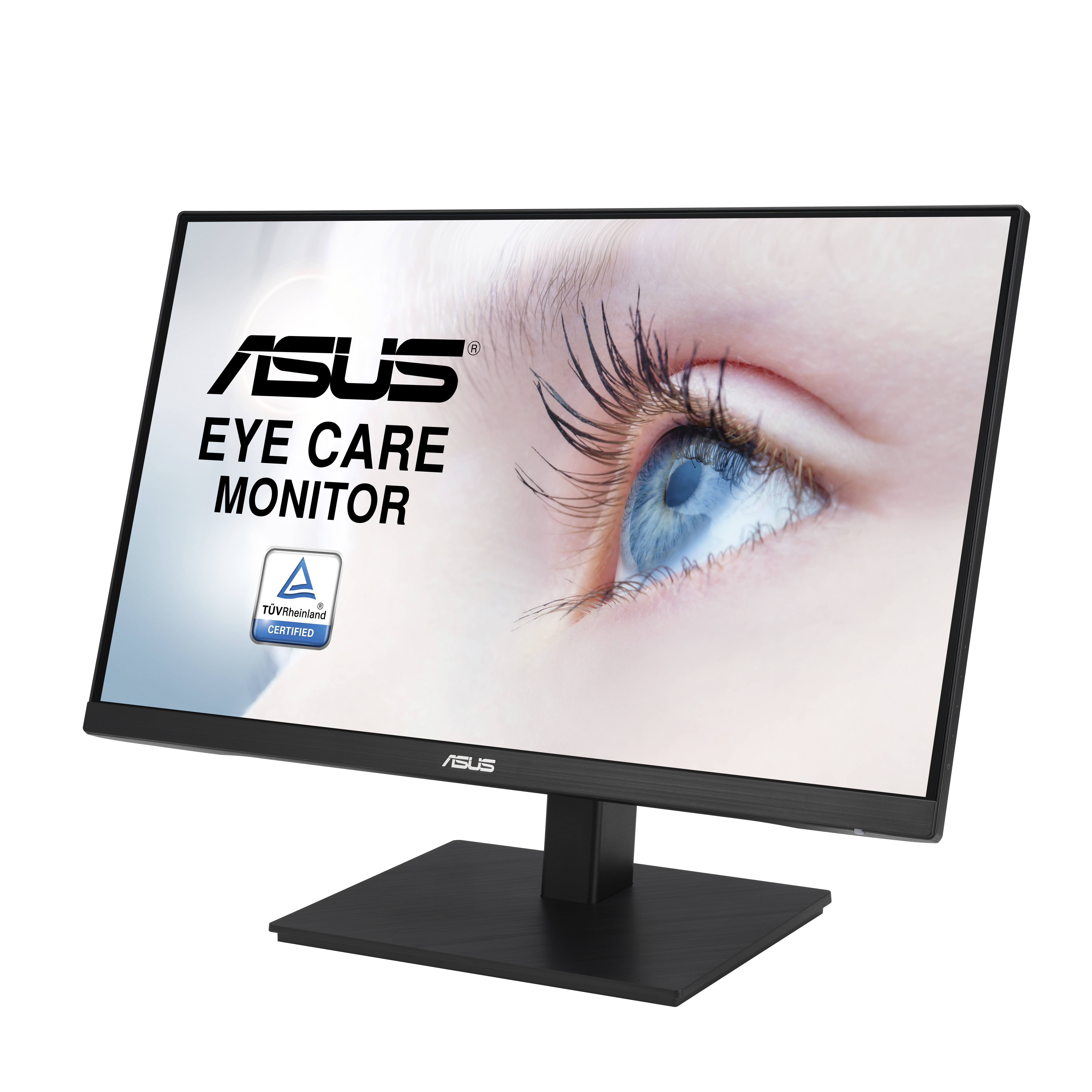 Ein ASUS Eye Care Monitor. Der Bildschirm zeigt eine Nahaufnahme eines blauen Auges, mit Text und Logo.