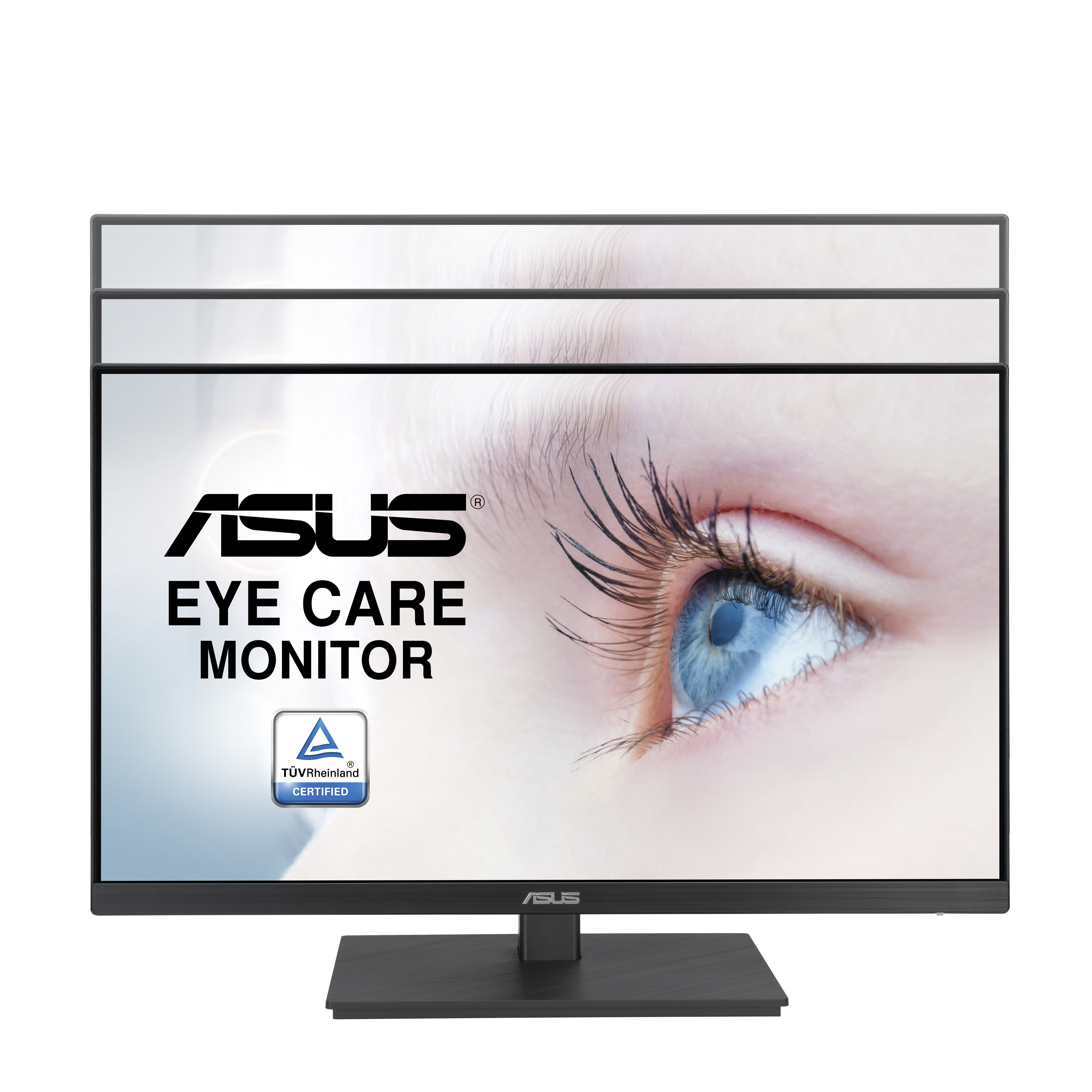 Ein schwarzer Computermonitor mit einem Augenschutz-Thema. Die Marke ist Asus.