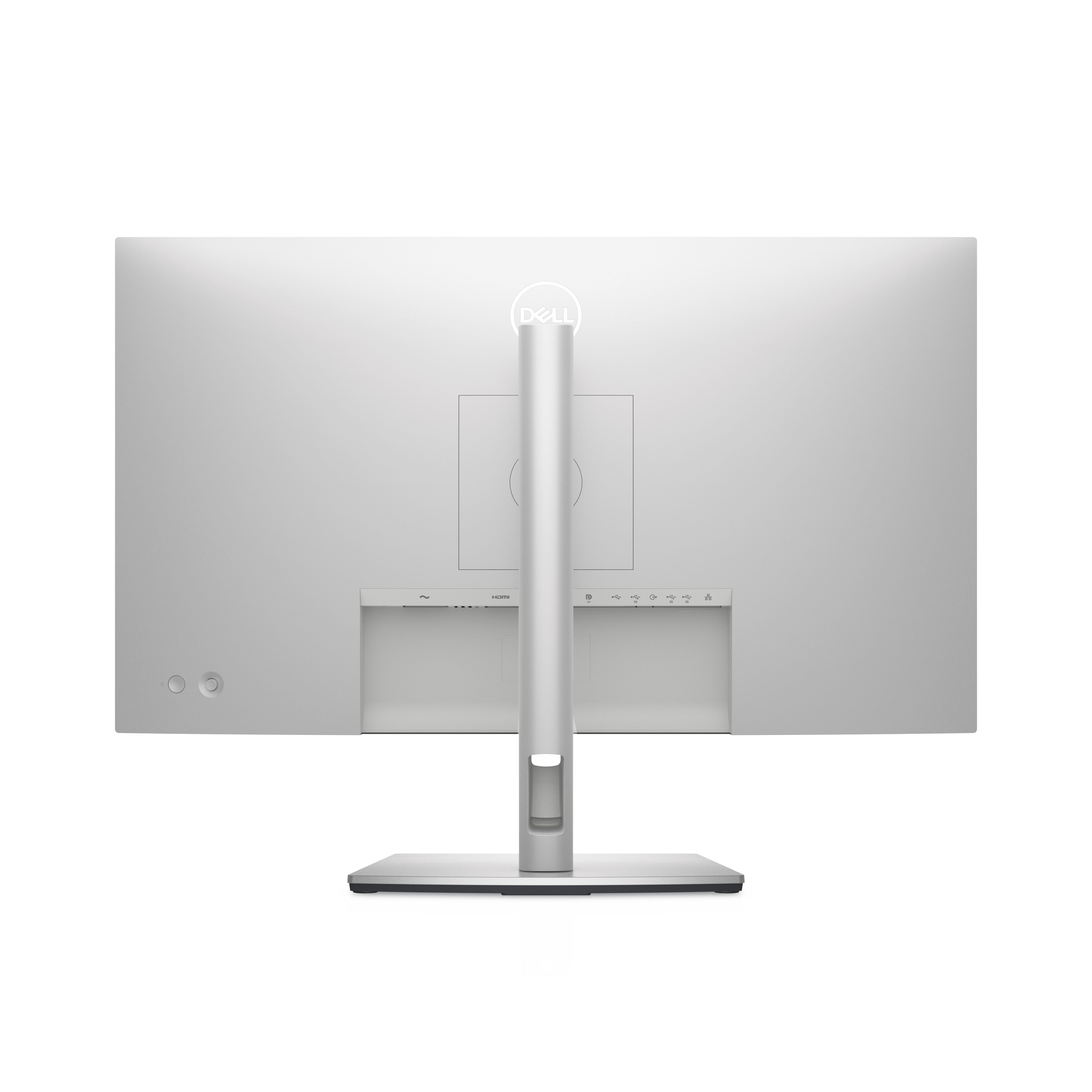 Pokazano tył srebrnego monitora Dell. Monitor stoi na podstawie i ma porty oraz przyciski.