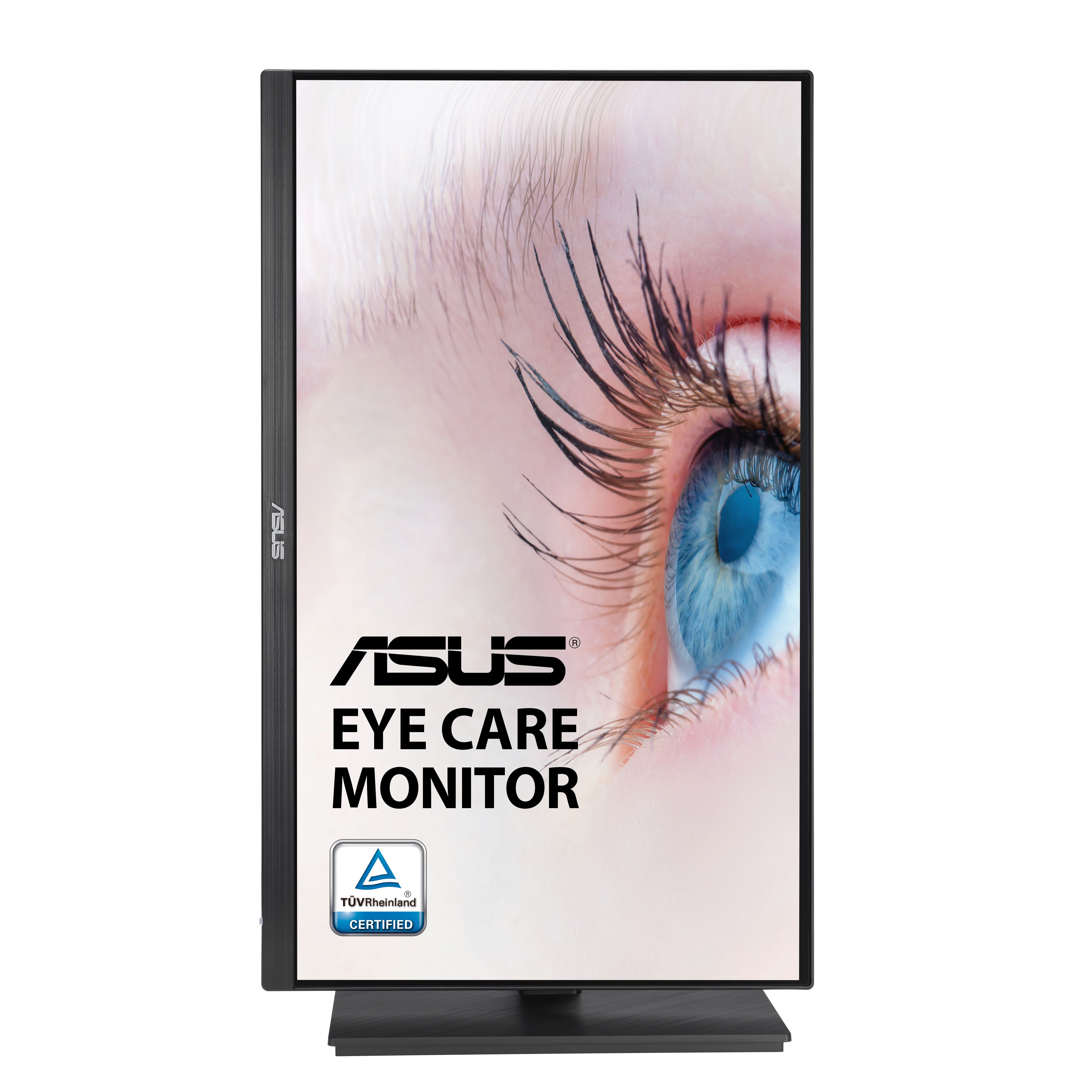 ASUS Eye Care Monitor, Nahaufnahme eines menschlichen Auges mit schwarzem Rahmen und Markenlogo.
