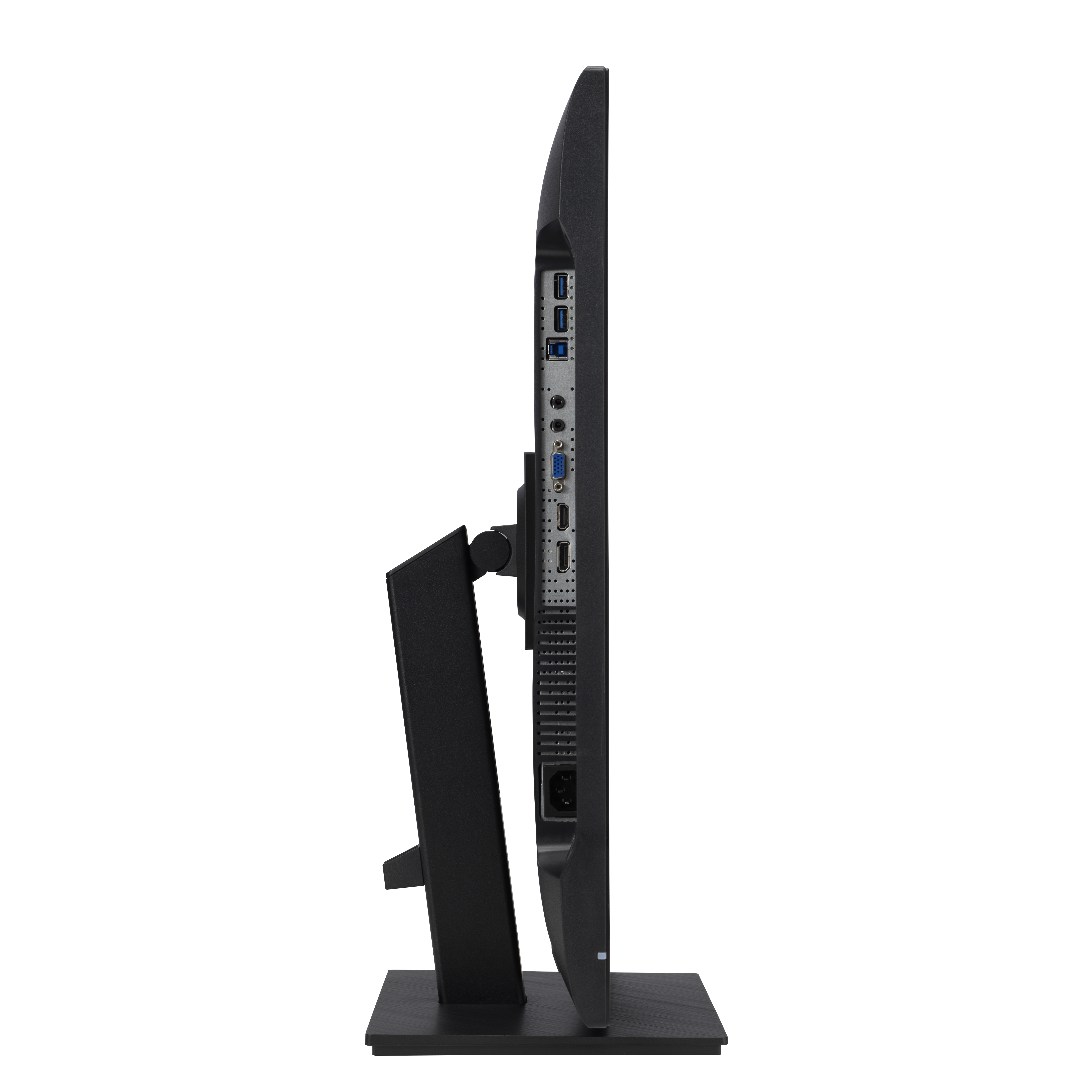Seitenansicht eines schwarzen Monitors mit Anschlüssen und einem Ständer.