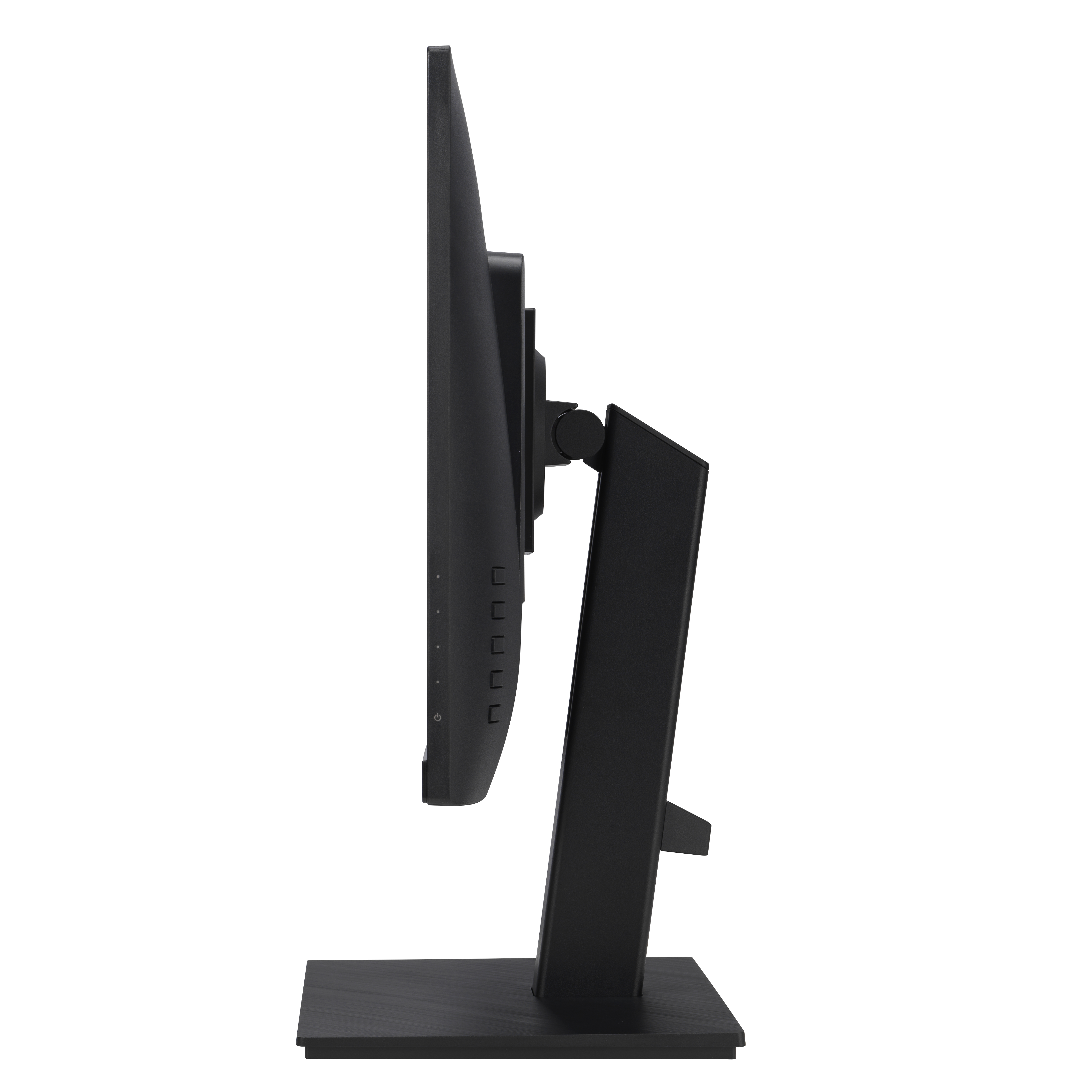 Seitenansicht eines schwarzen Computermonitors auf einem Ständer.