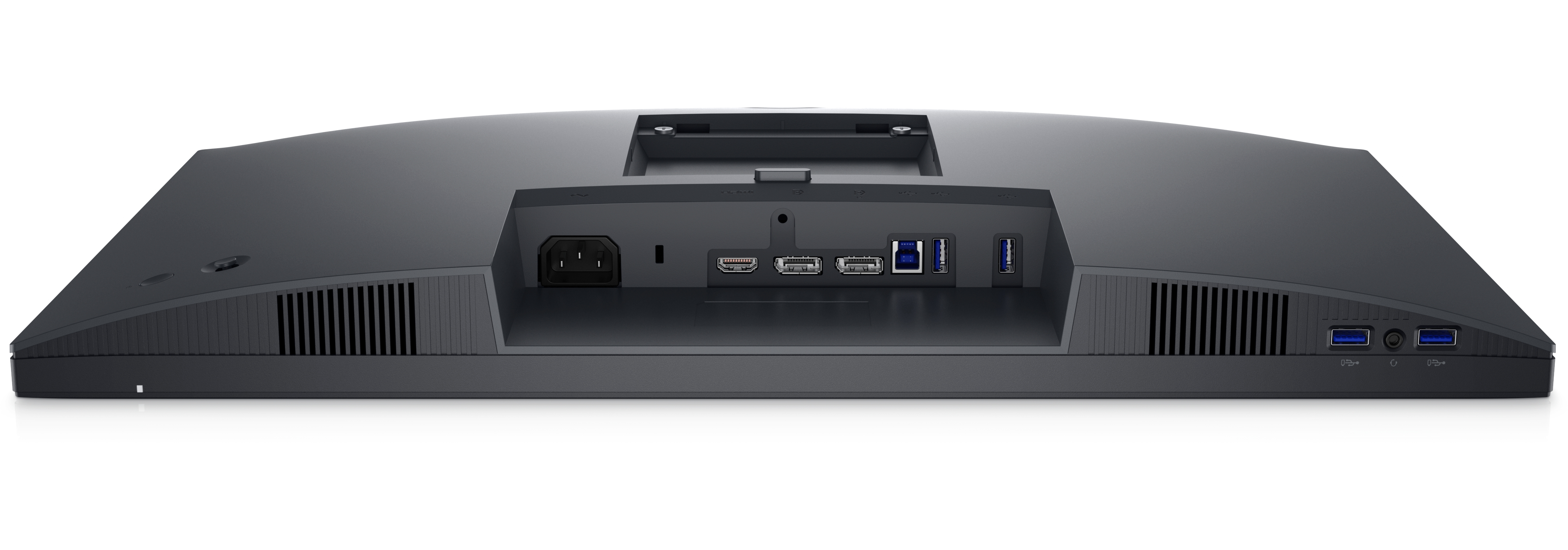 La parte trasera de un monitor negro con varios puertos y conectores.