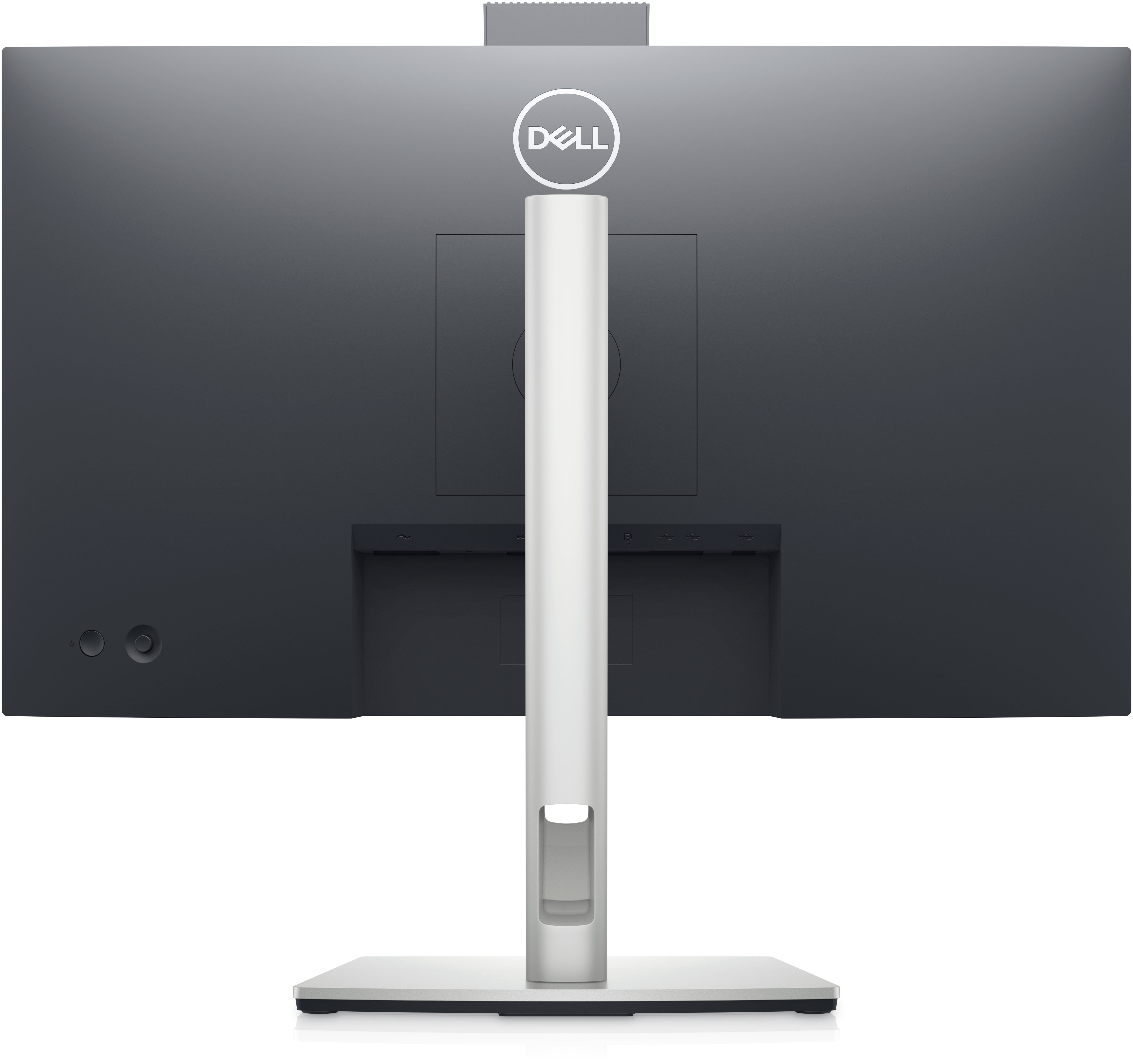 Parte trasera del monitor Dell. Gris oscuro, con soporte y logotipo de Dell. Diseño minimalista.