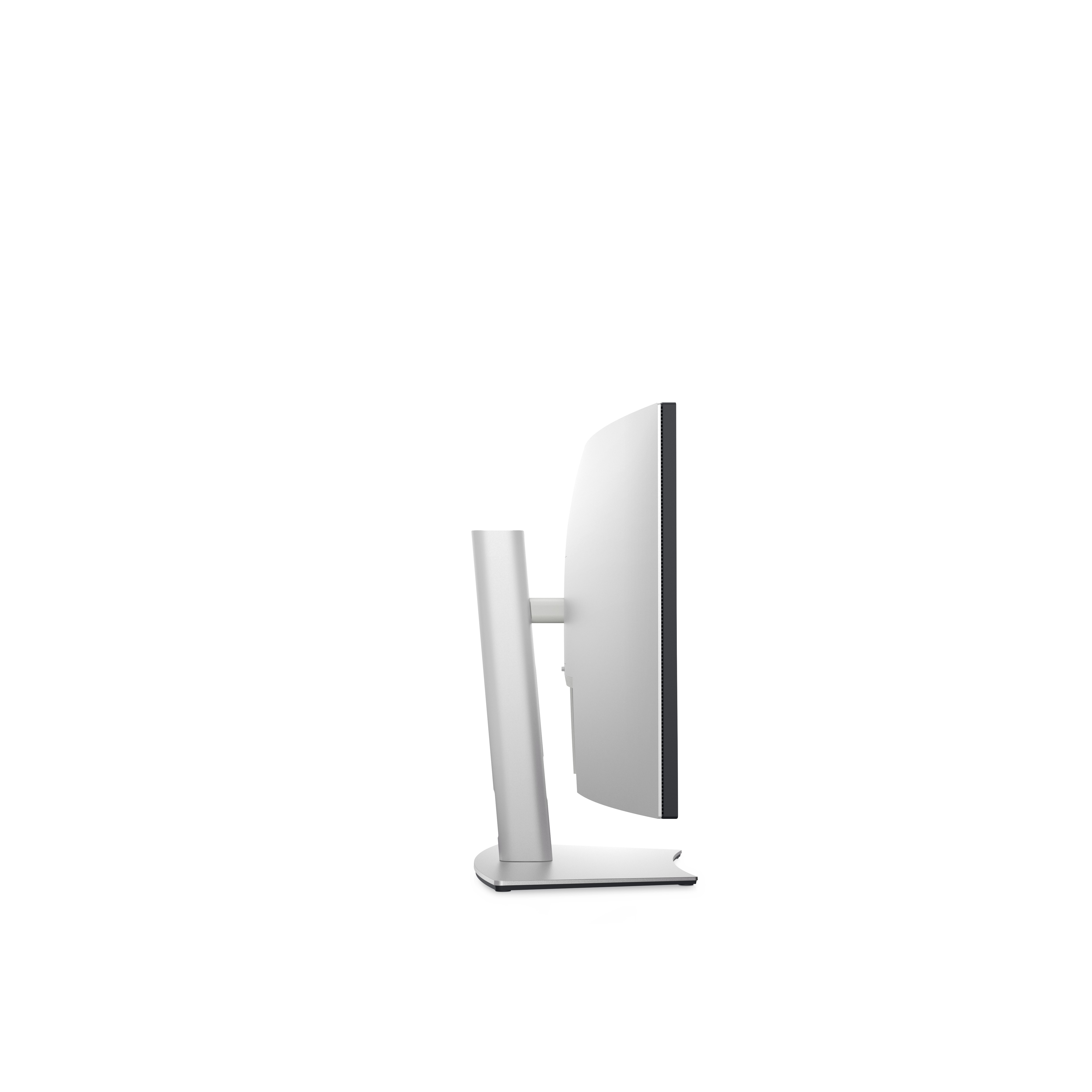 Zijaanzicht van een gebogen computermonitor met een zilveren standaard.