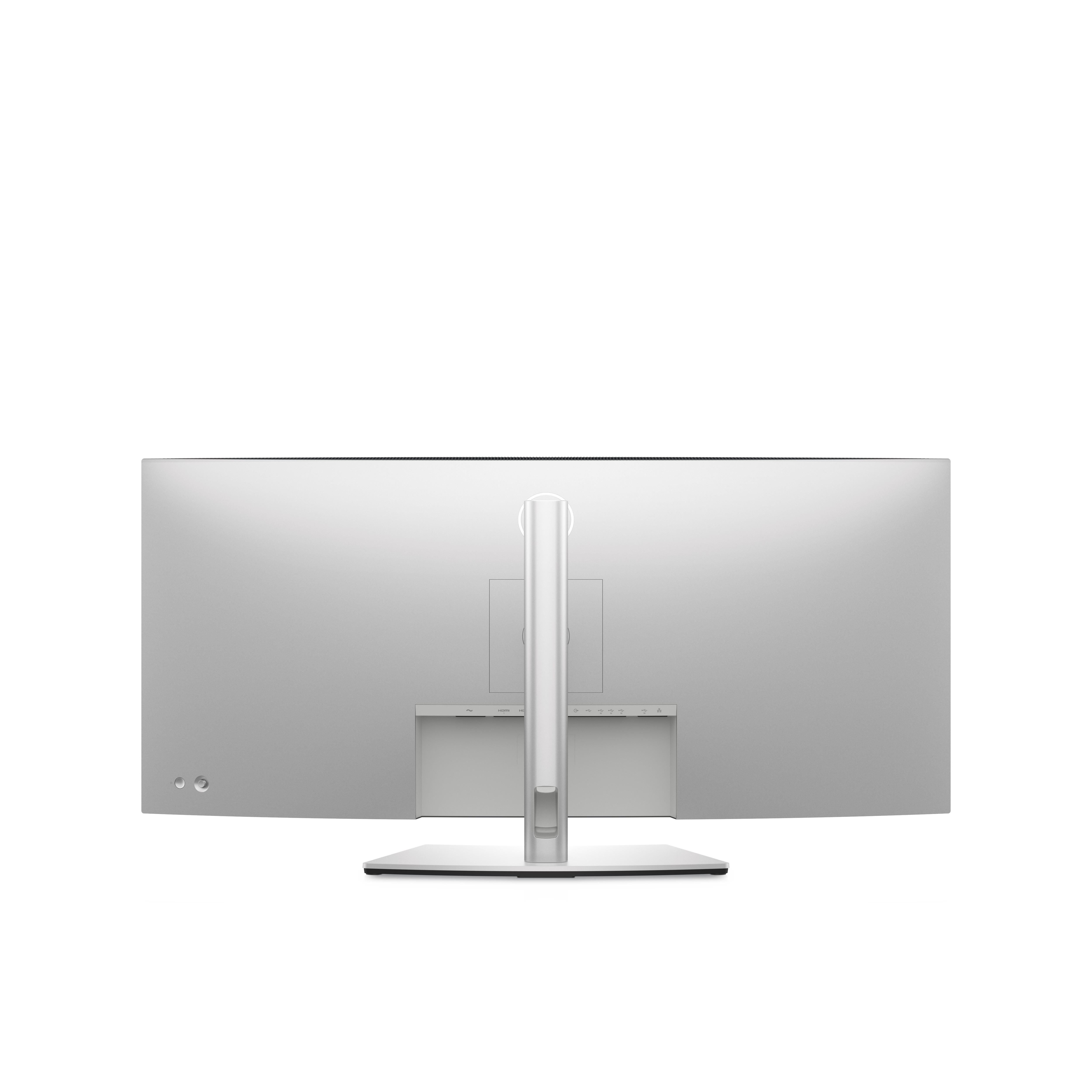 Achteraanzicht van een zilveren monitor met een standaard.