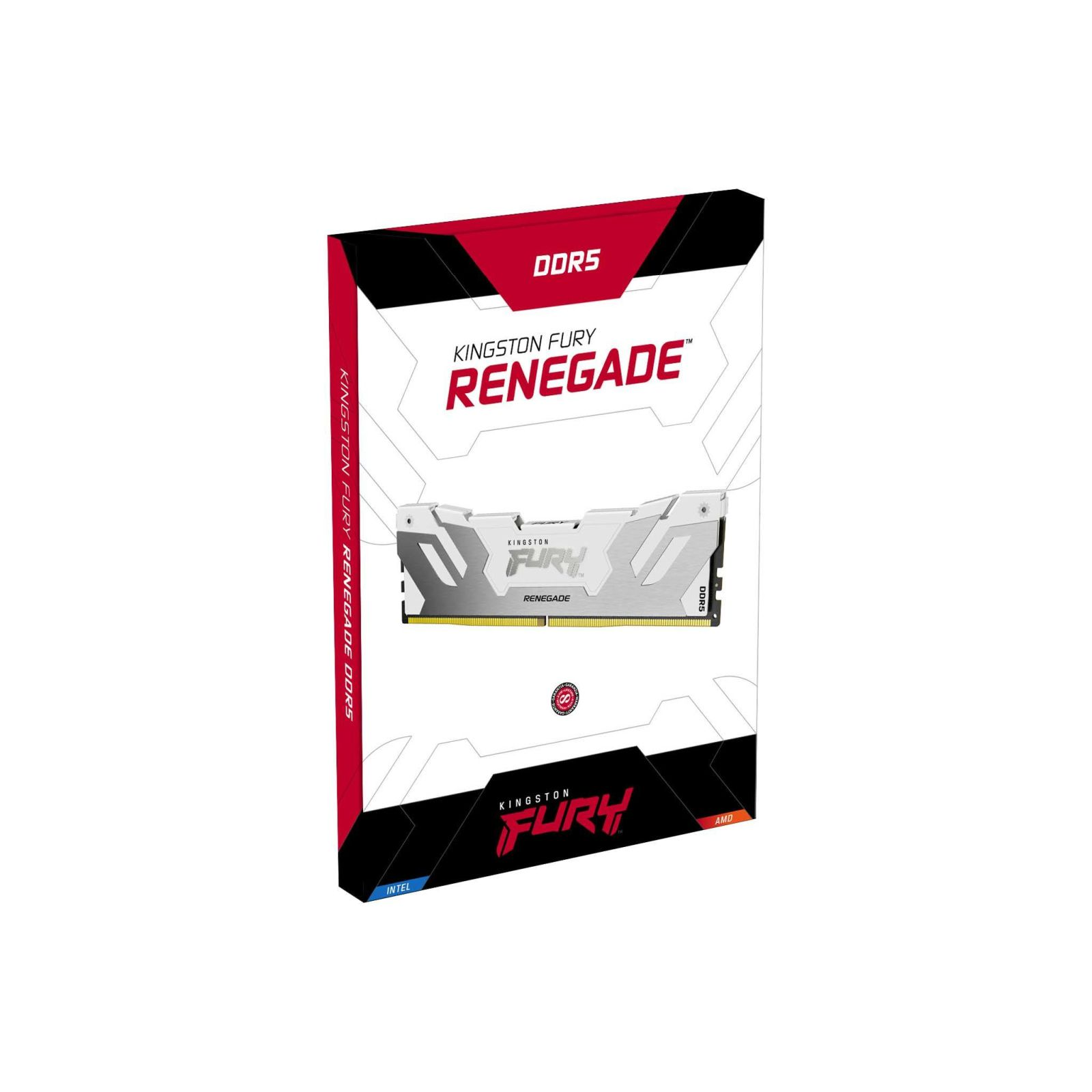 Verpackung des Kingston Fury Renegade DDR5 Speichermoduls. Schwarz, rot und weiß. DDR5 und Kingston Fury sind sichtbar.