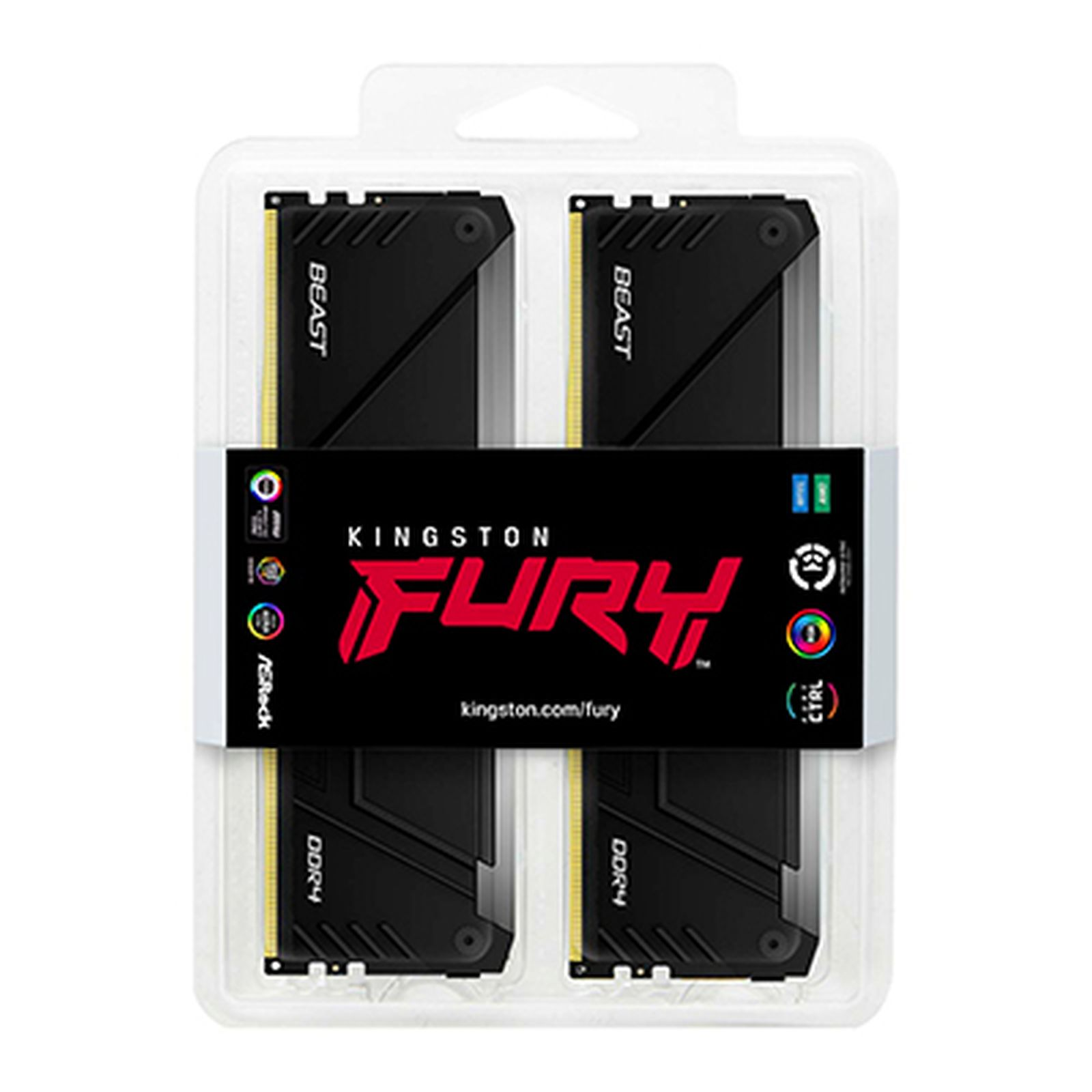 Dwa czarne moduły RAM w przezroczystym plastikowym opakowaniu z etykietą Kingston Fury i oznaczeniem DDR4.