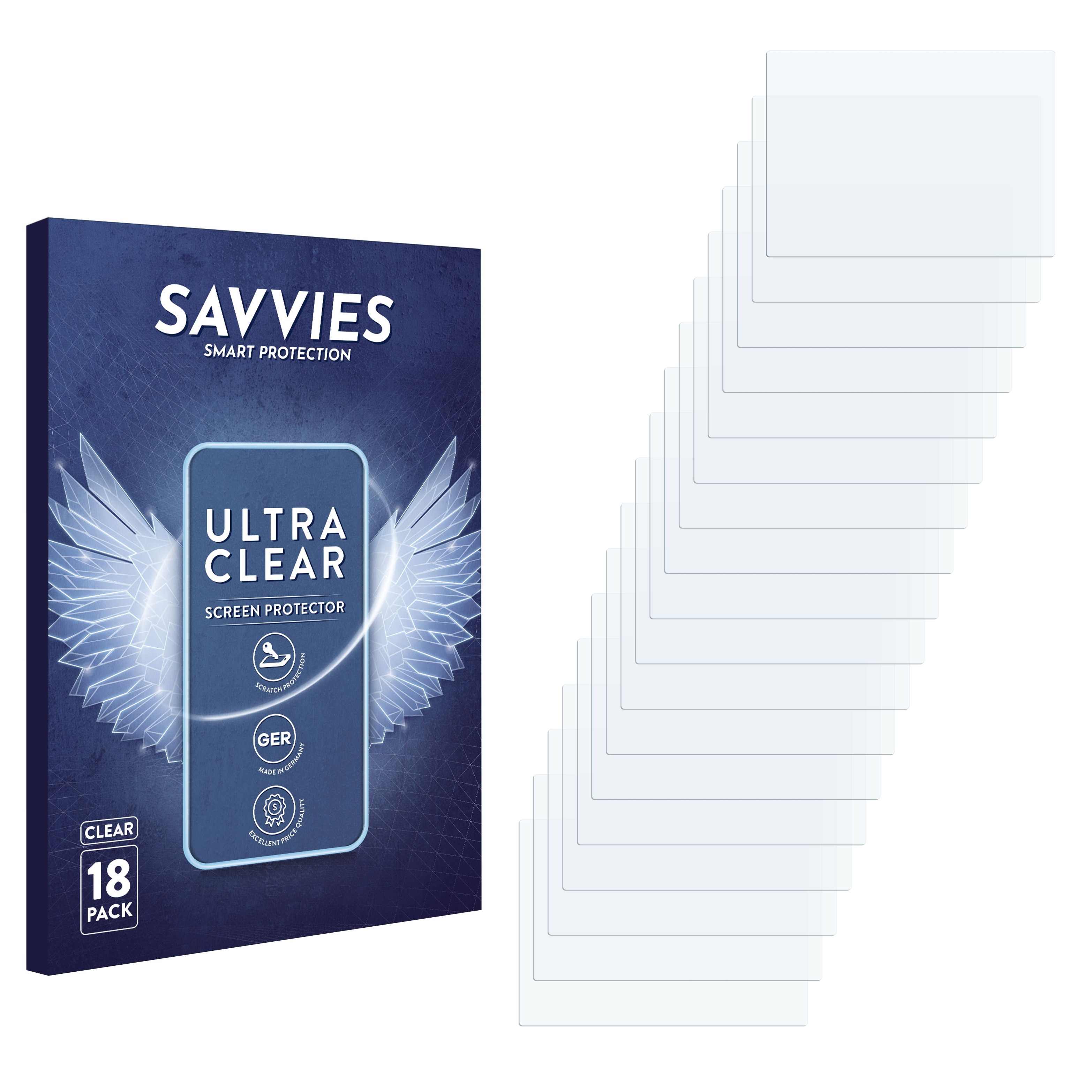 Achtzehn klare Displayschutzfolien neben einer Produktbox mit Text "SAVVIES" und "ULTRA CLEAR".