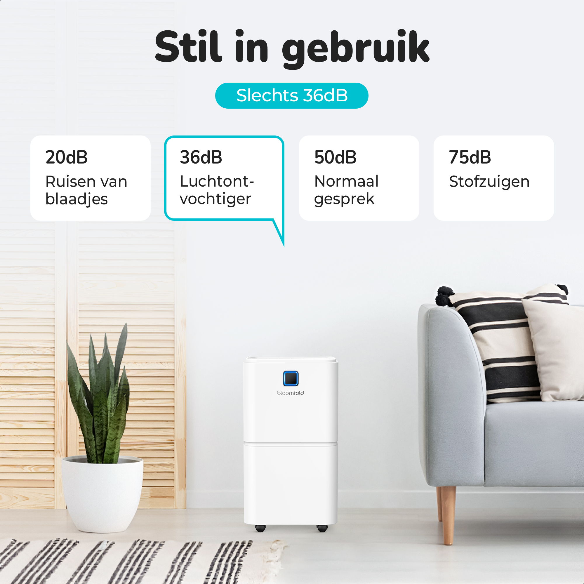 Weißer Luftreiniger mit einer Zimmerpflanze und einem Sofa daneben. Text zeigt Geräuschpegel in dB.