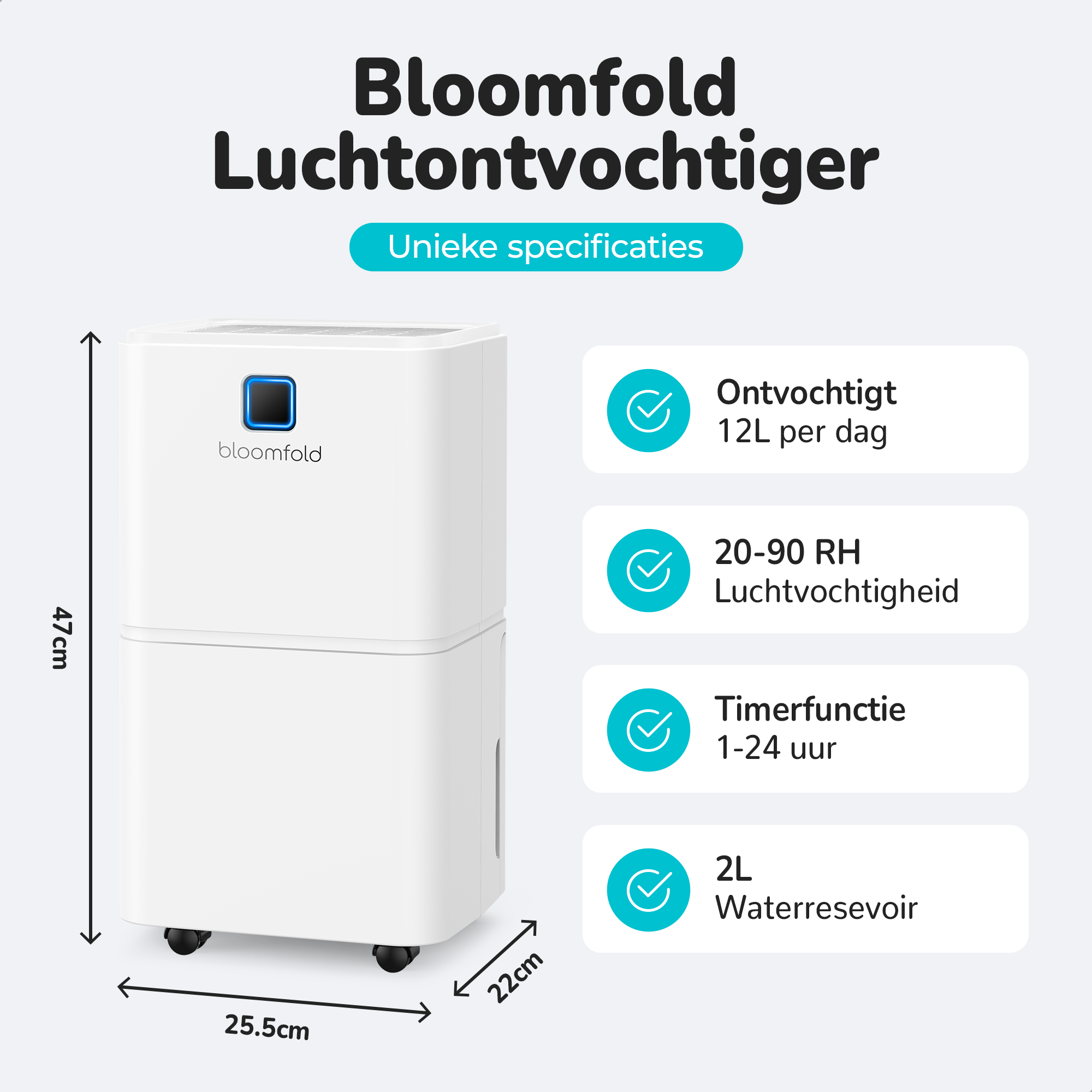 Weißer Bloomfold-Luftentfeuchter mit Abmessungen und Spezifikationen. Er hat ein blaues Bedienfeld.