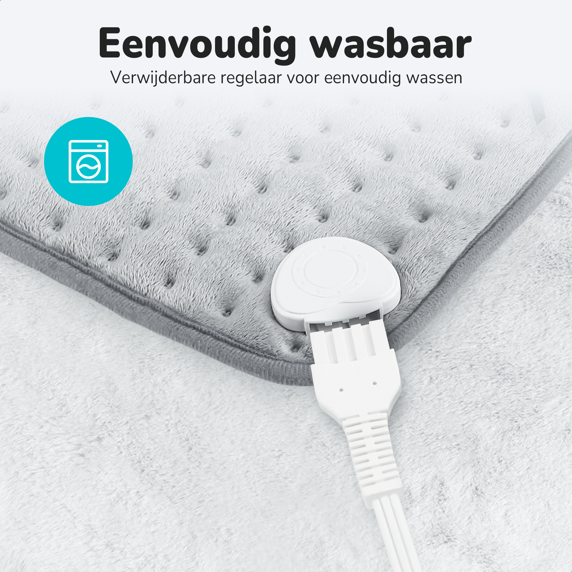 Electric blanket with detachable controller and plug. White text saying 'Eenvoudig wasbaar'.