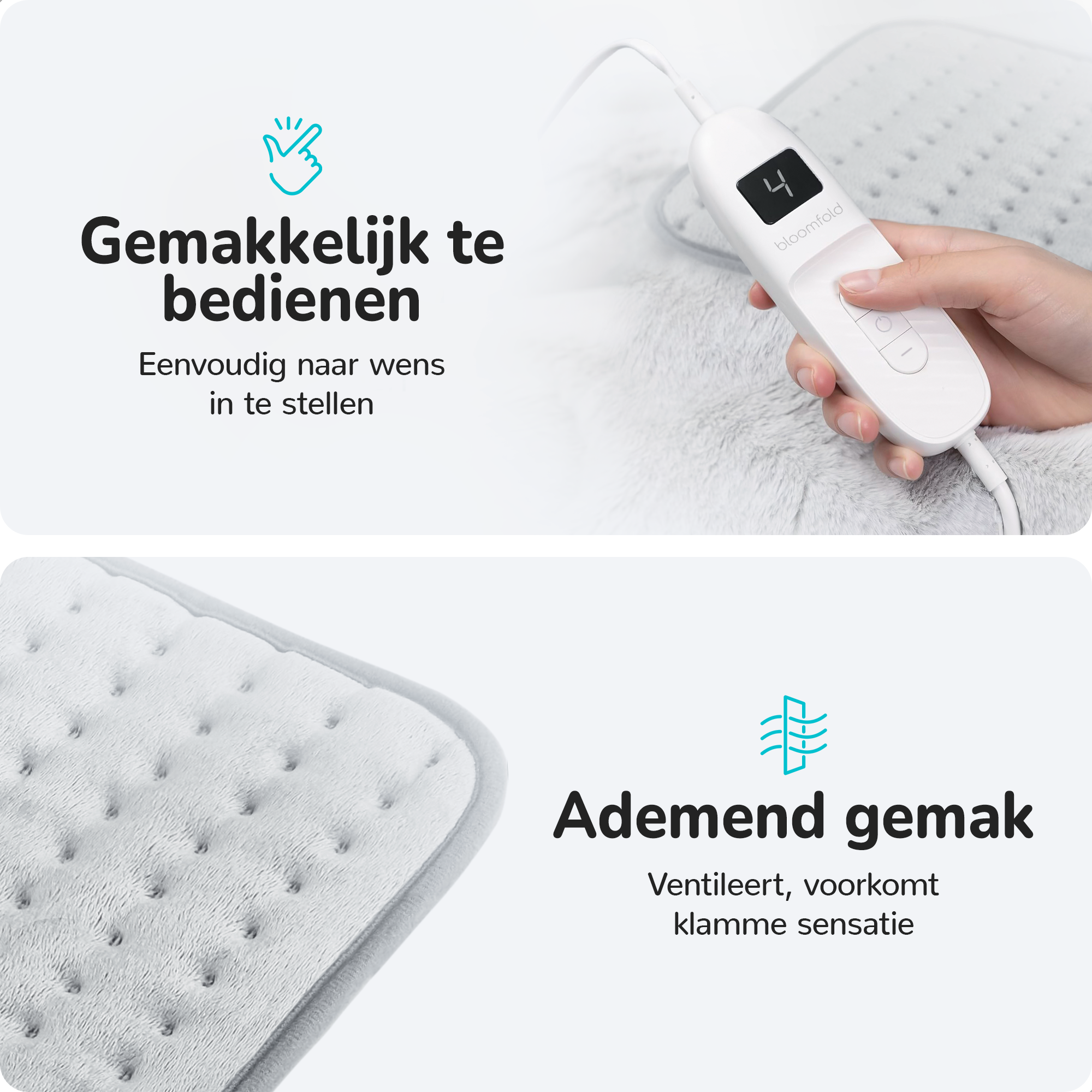 Two images showing a heating pad and its controls.