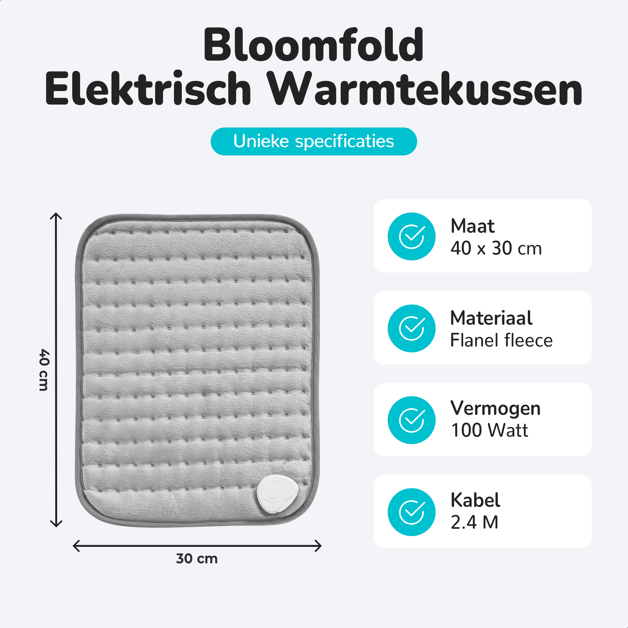 An electric heating pad with dimensions and specifications labeled on a white background.