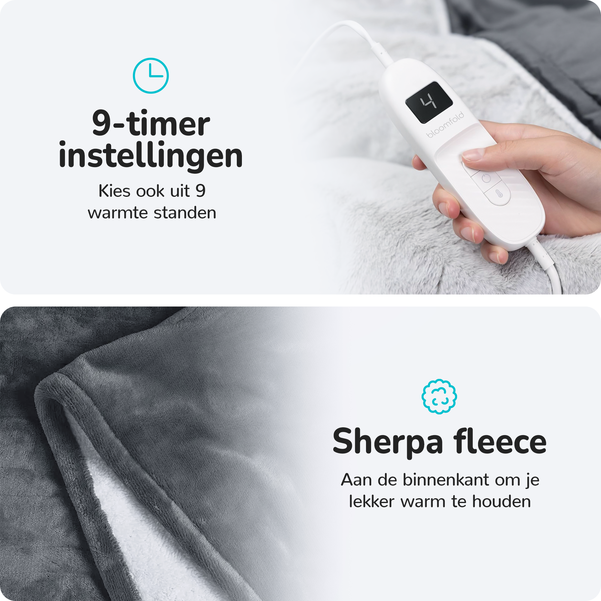 Two-part image. Top: hand holding remote. Bottom: grey blanket. White background.