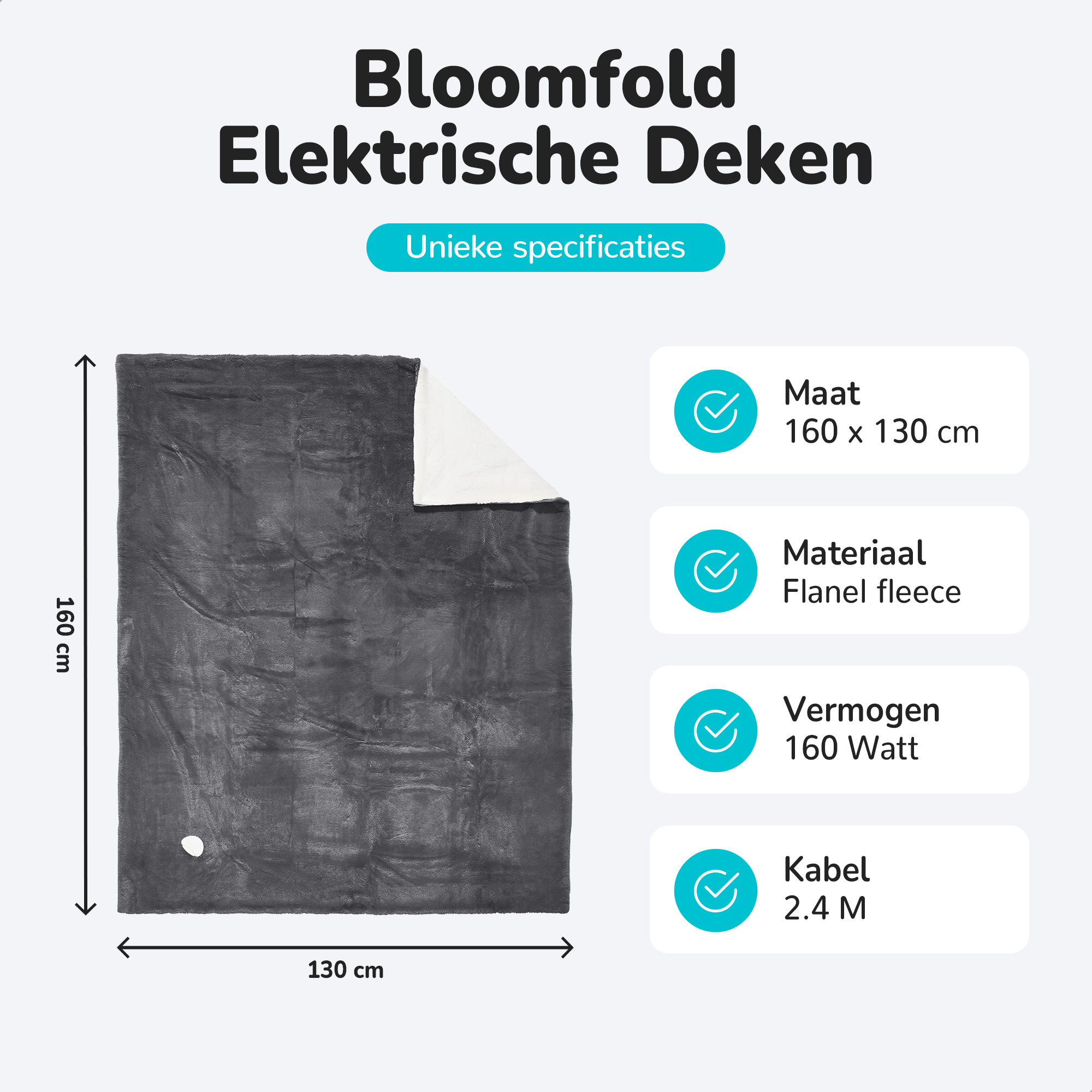 A dark gray electric blanket with dimensions and features listed on a white background.