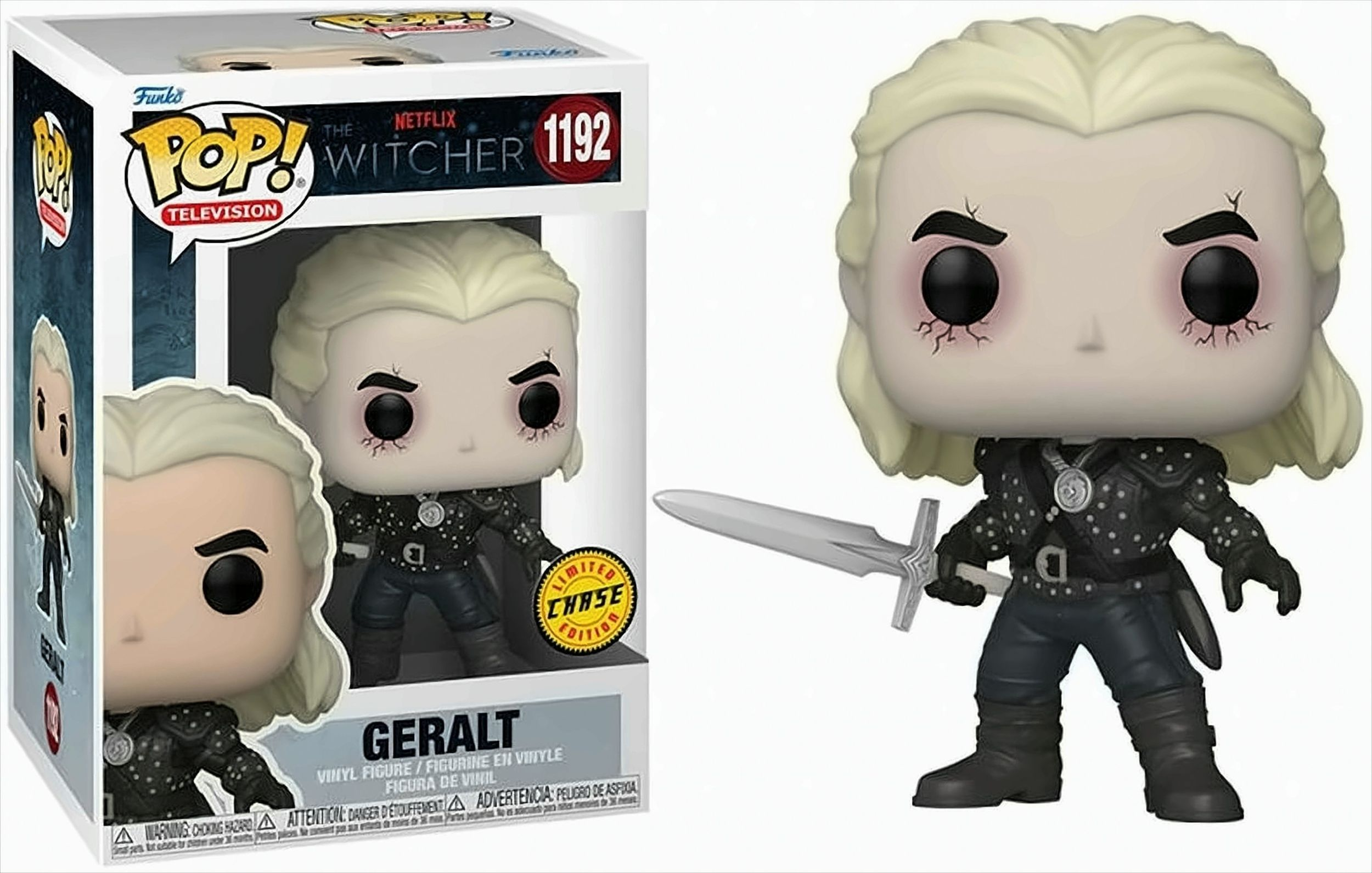 Eine Geralt Funko Pop Figur aus The Witcher, verpackt in einer Box.