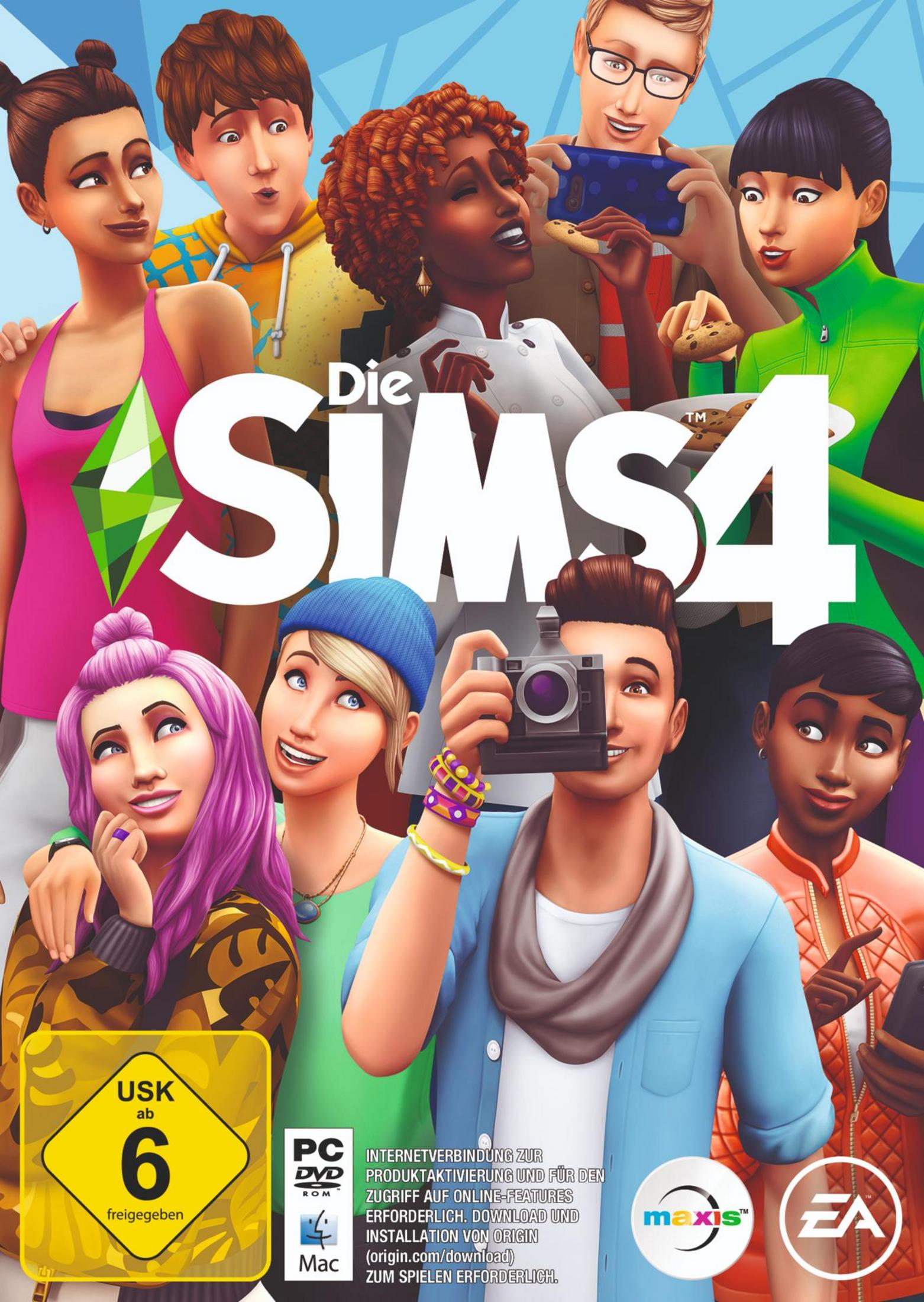 Die Sims 4-Spielbox mit einer Gruppe von Leuten. Die Spielebewertung ist USK 6.