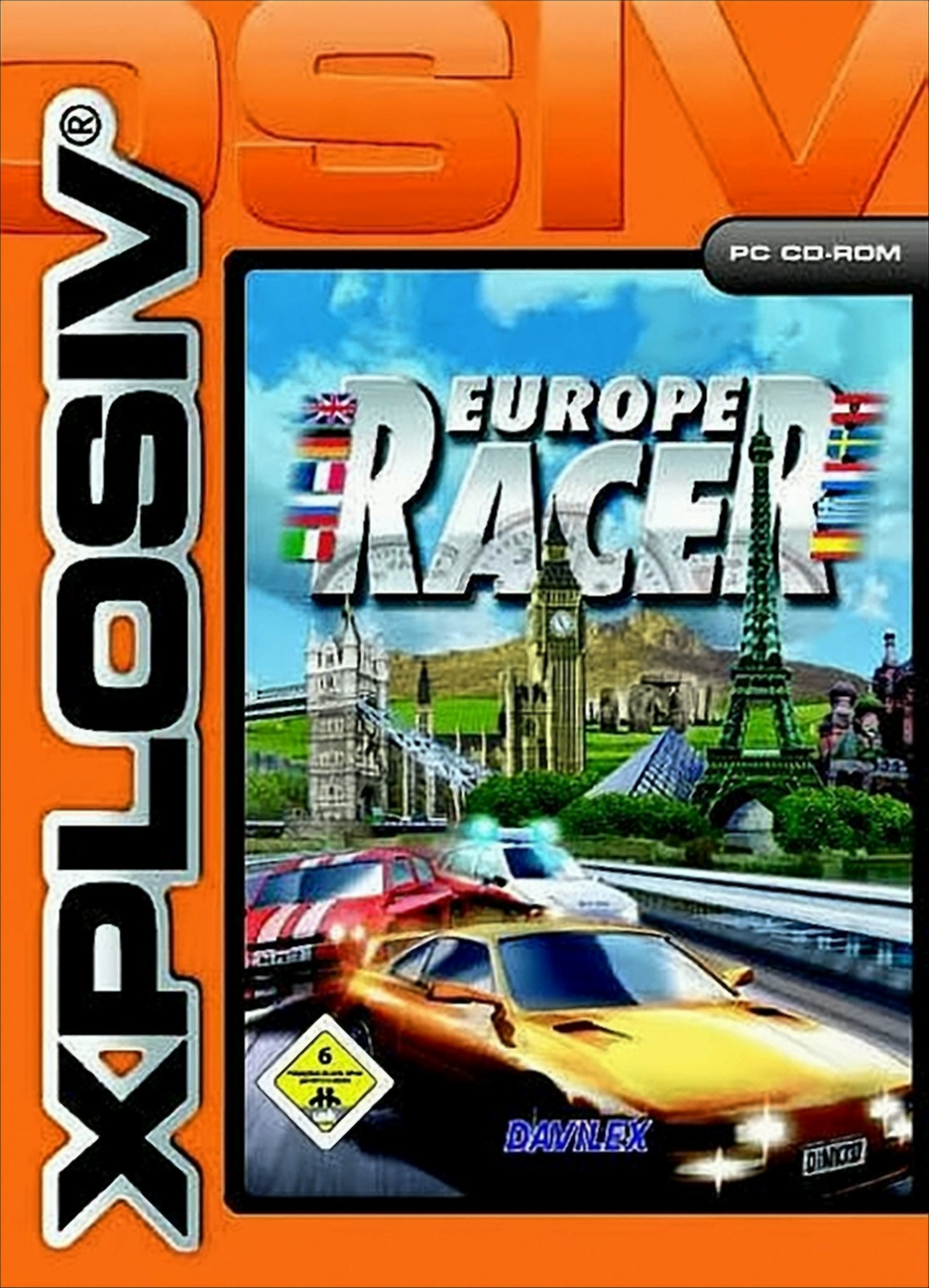 Eine Spielbox mit Autos und Sehenswürdigkeiten. Das Spiel heißt 'Europe Racer' und hat Flaggen.