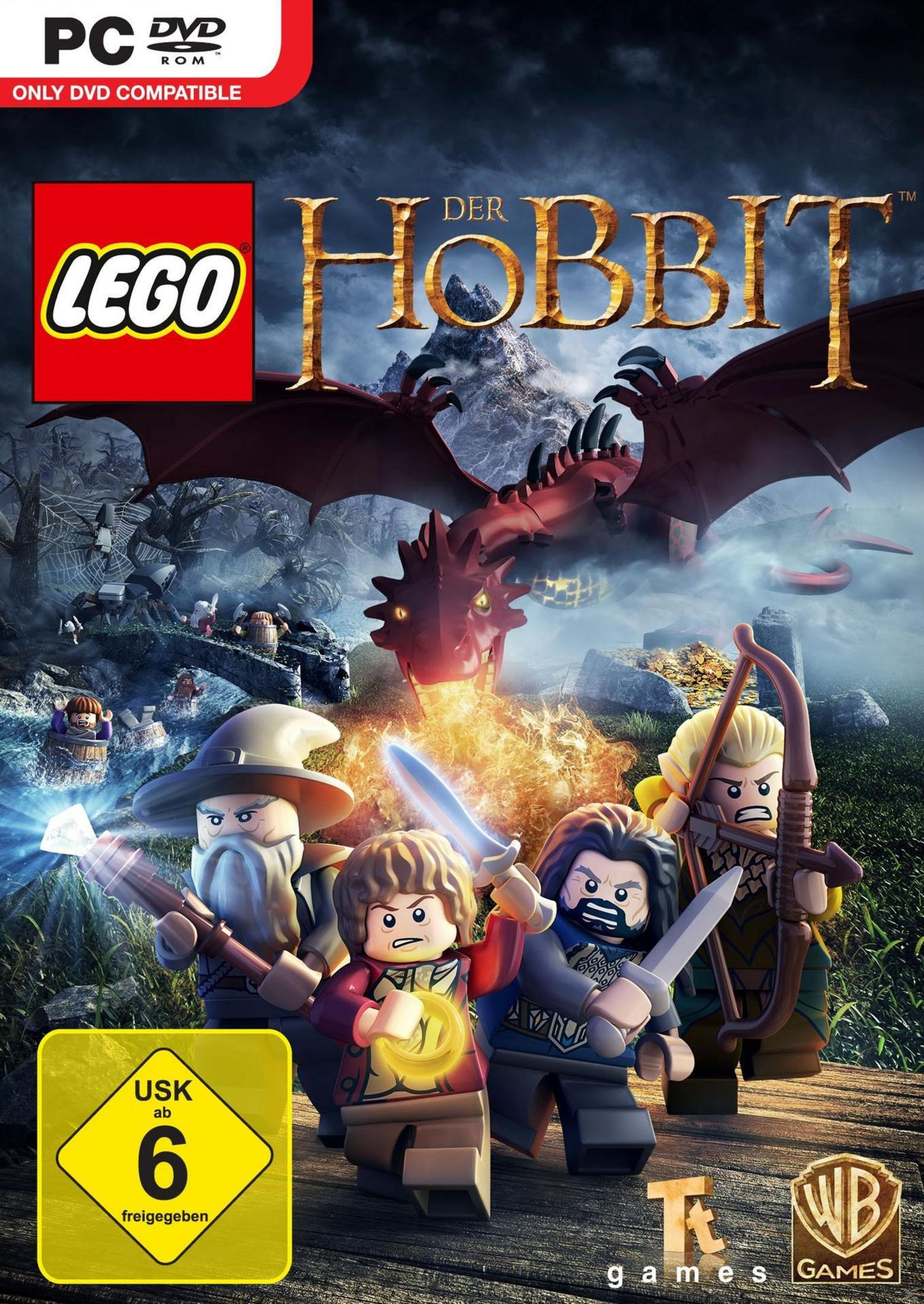LEGO The Hobbit Spielcover mit bunten Lego-Figuren und einem roten Drachen.
