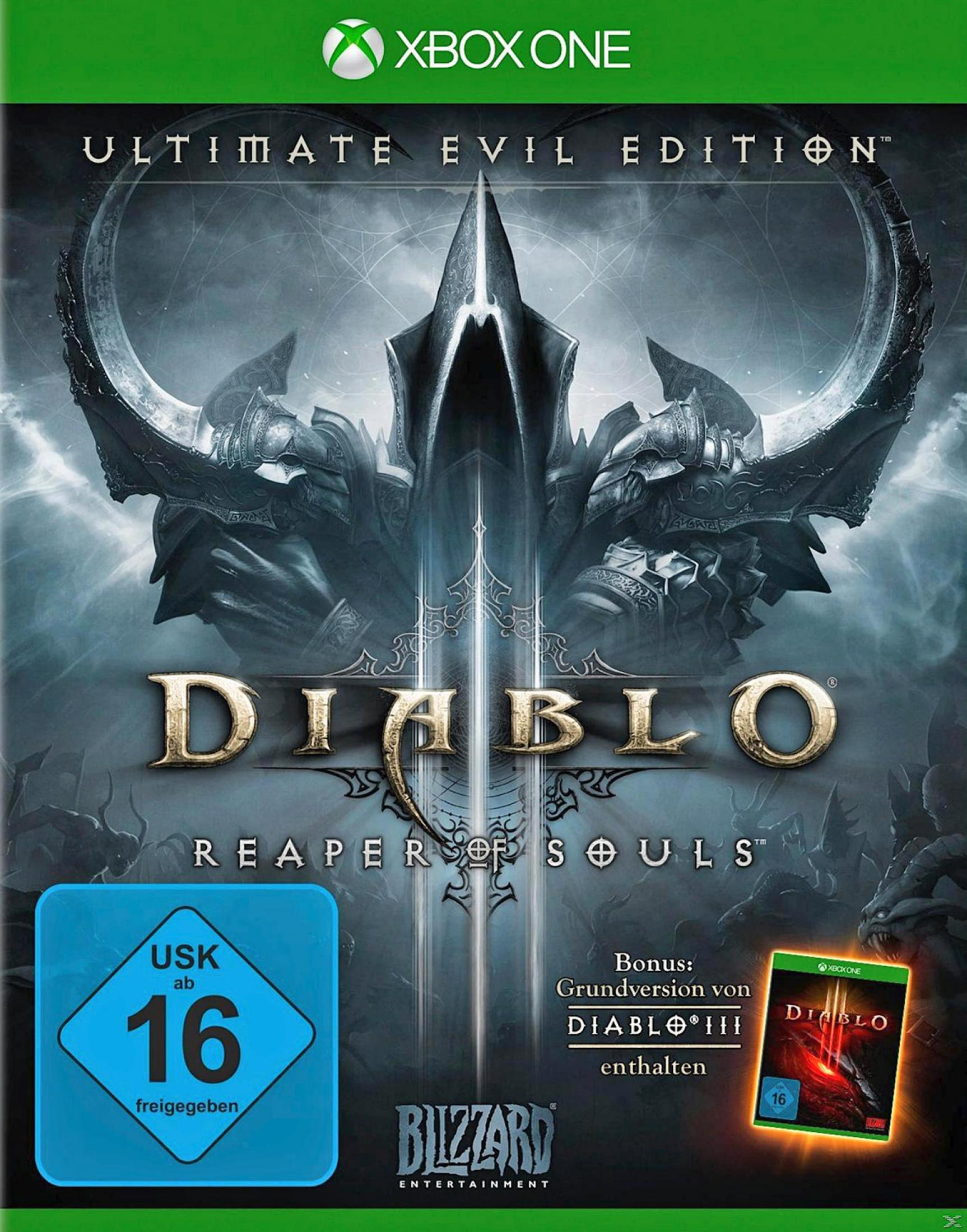 Xbox One Spielhülle für Diablo III: Reaper of Souls. Dunkles Fantasy-Cover mit Totenkopf.
