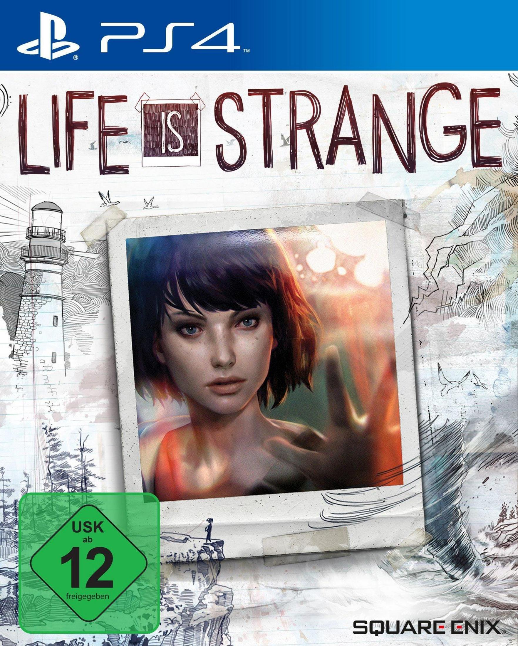 Pudełko gry na PS4, 'Life is Strange', przedstawia portret dziewczyny. Latarnia morska i mapa w tle.