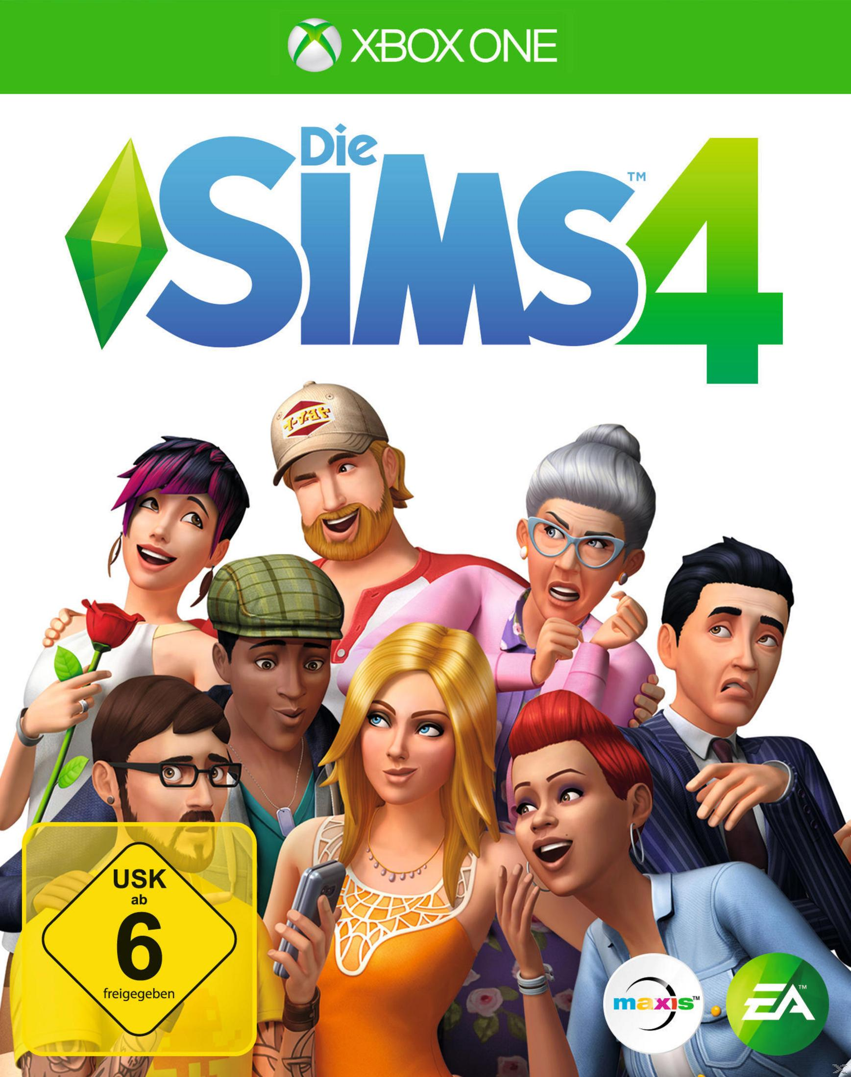 Die Sims 4 Spielbox mit verschiedenen Charakteren. Grünes Xbox One-Logo oben und USK-Bewertung unten.