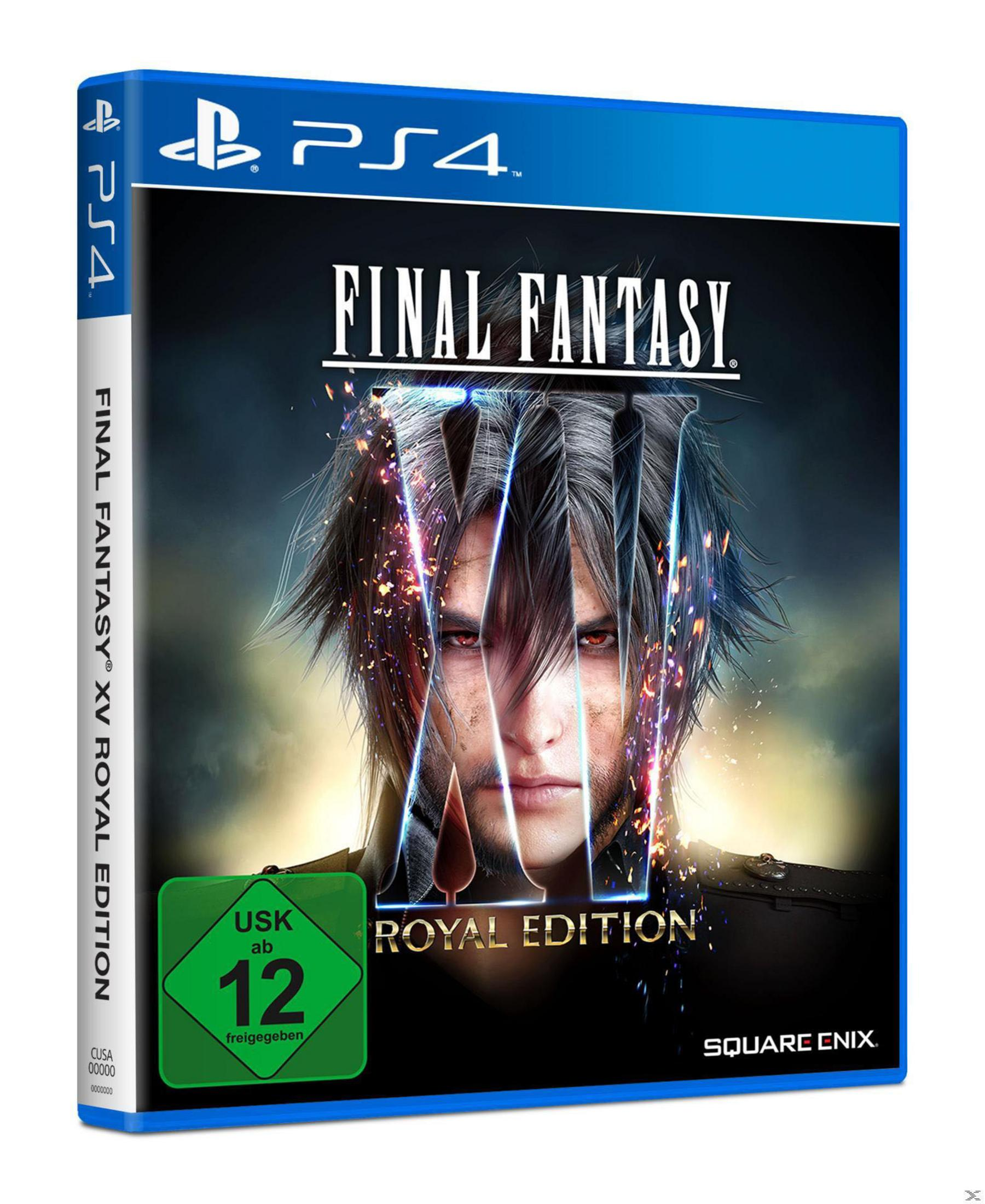 PS4-Spielbox: Final Fantasy XV Royal Edition. Cover-Art mit Charakterporträt. Blaue Box mit USK 12-Rating.