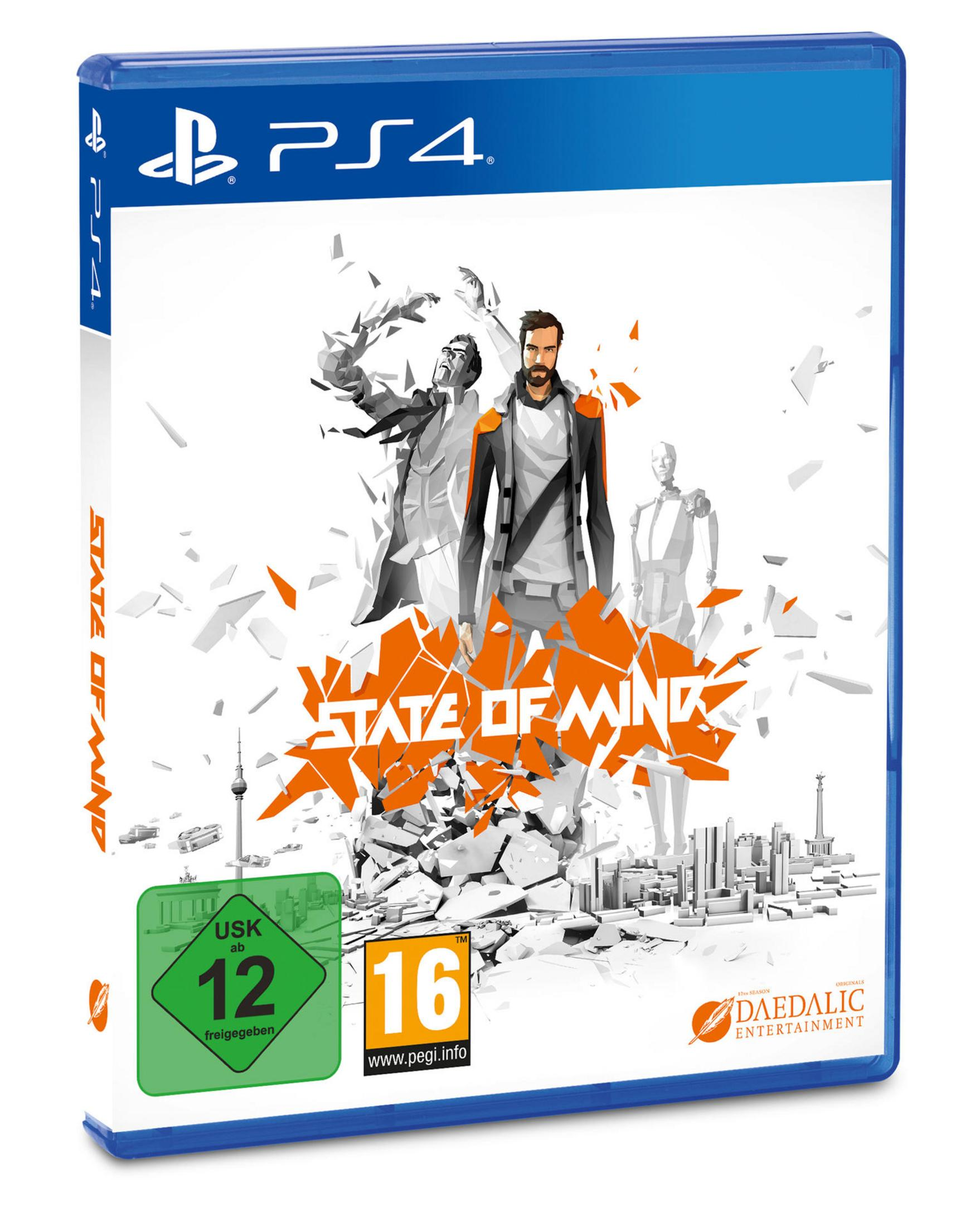 Spielbox mit futuristischem Thema, abstrakten Figuren und einer Stadtlandschaft.
