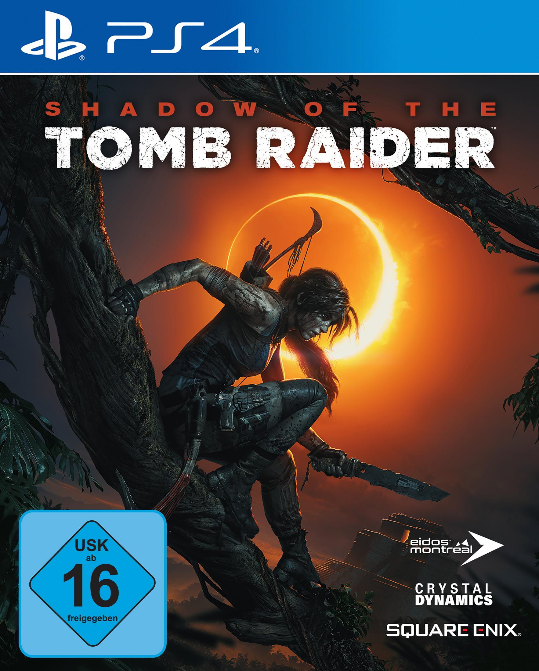 Copertina del gioco per PS4 di 'Shadow of the Tomb Raider'. Lara Croft è raffigurata in azione.