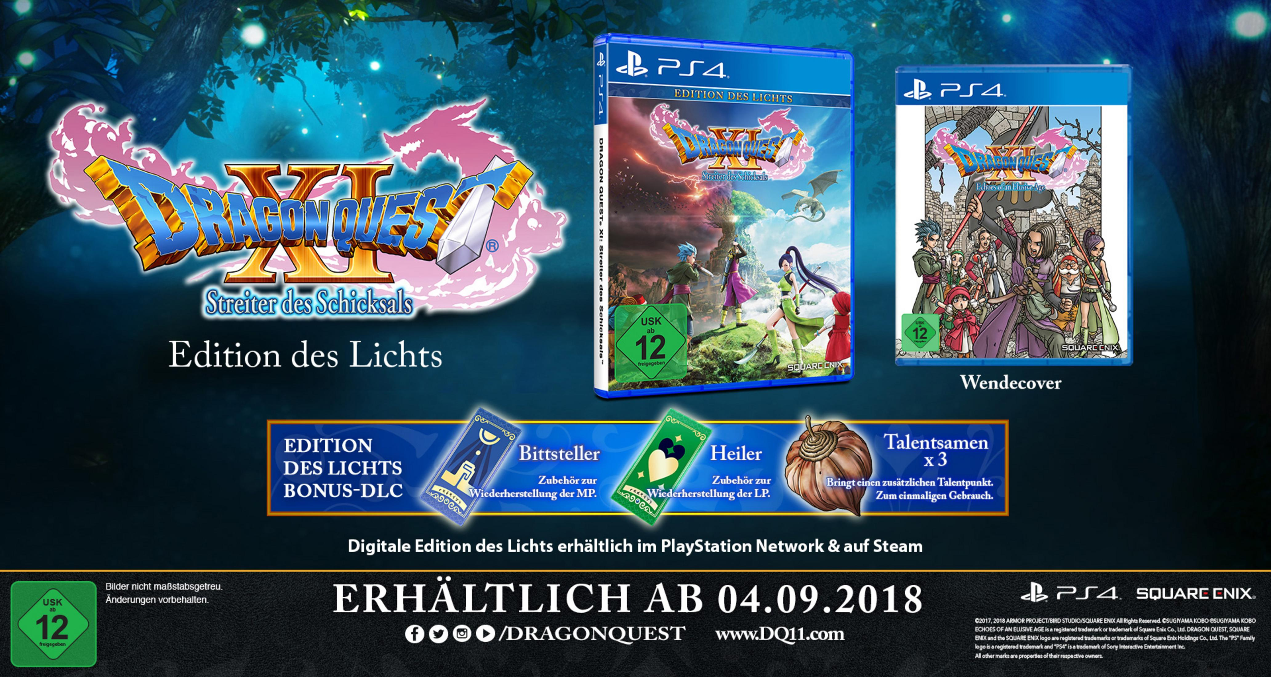 Dragon Quest XI Spielverpackung, mit Bonus-DLC und Erscheinungsdatum. Das Spiel ist auf der PlayStation 4 erhältlich.