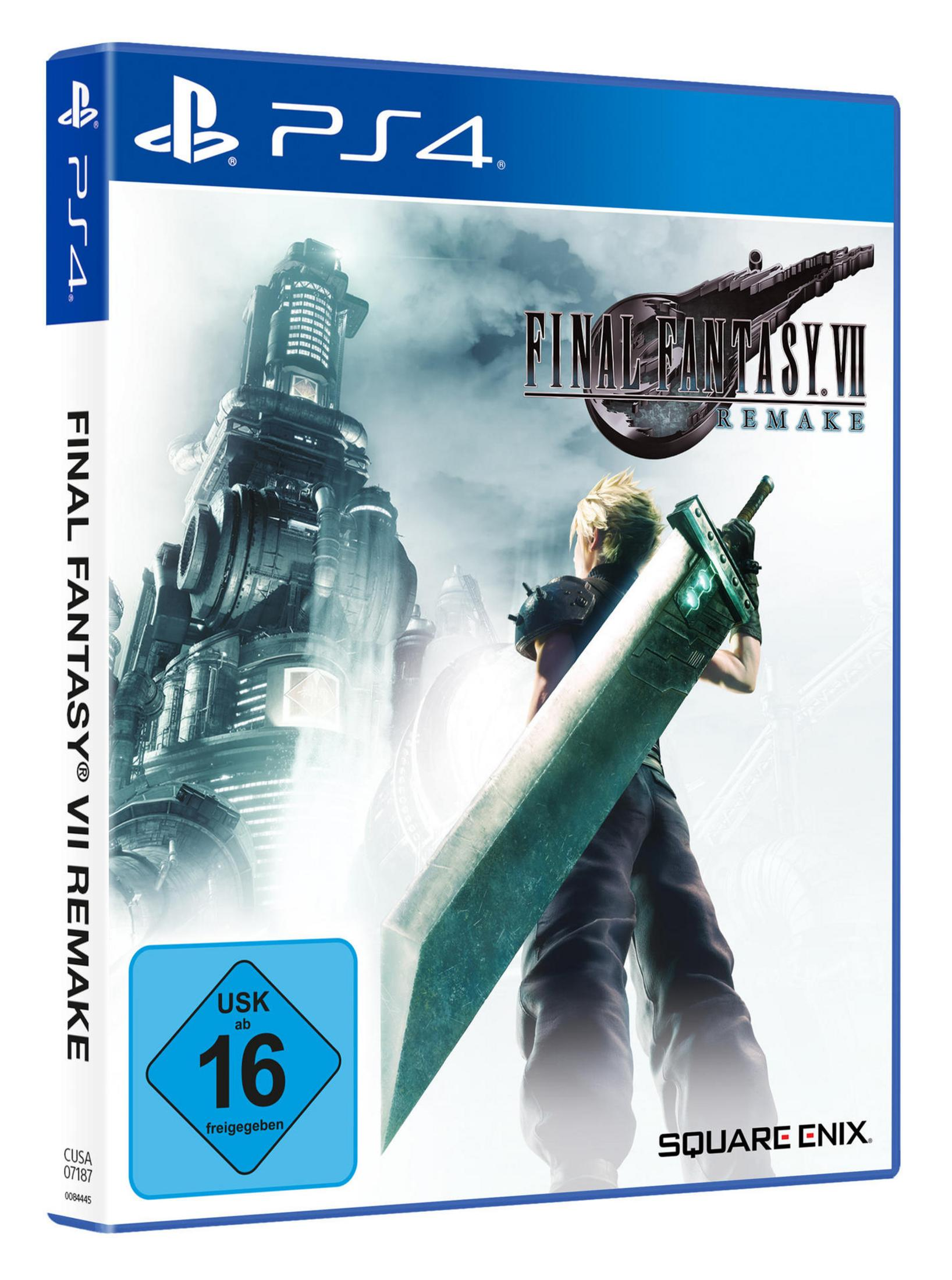 Final Fantasy VII Remake PS4 Spielbox. Zeigt eine Figur, die ein großes Schwert hält.