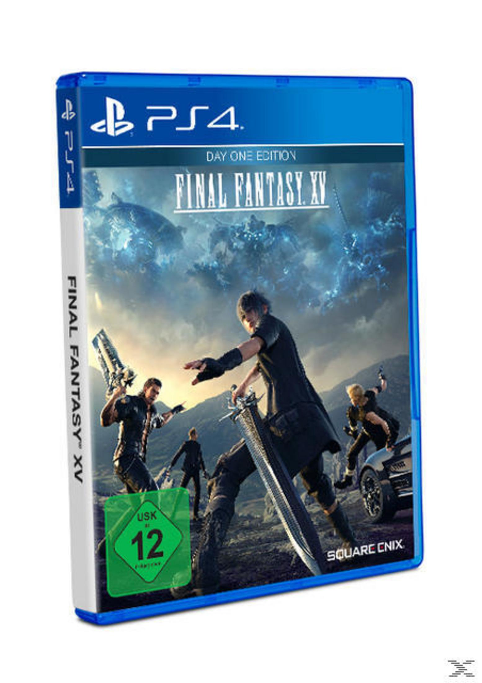 PS4-Spielhülle: Final Fantasy XV, mit kämpfenden Charakteren. Blaue Hülle, weißer Hintergrund.