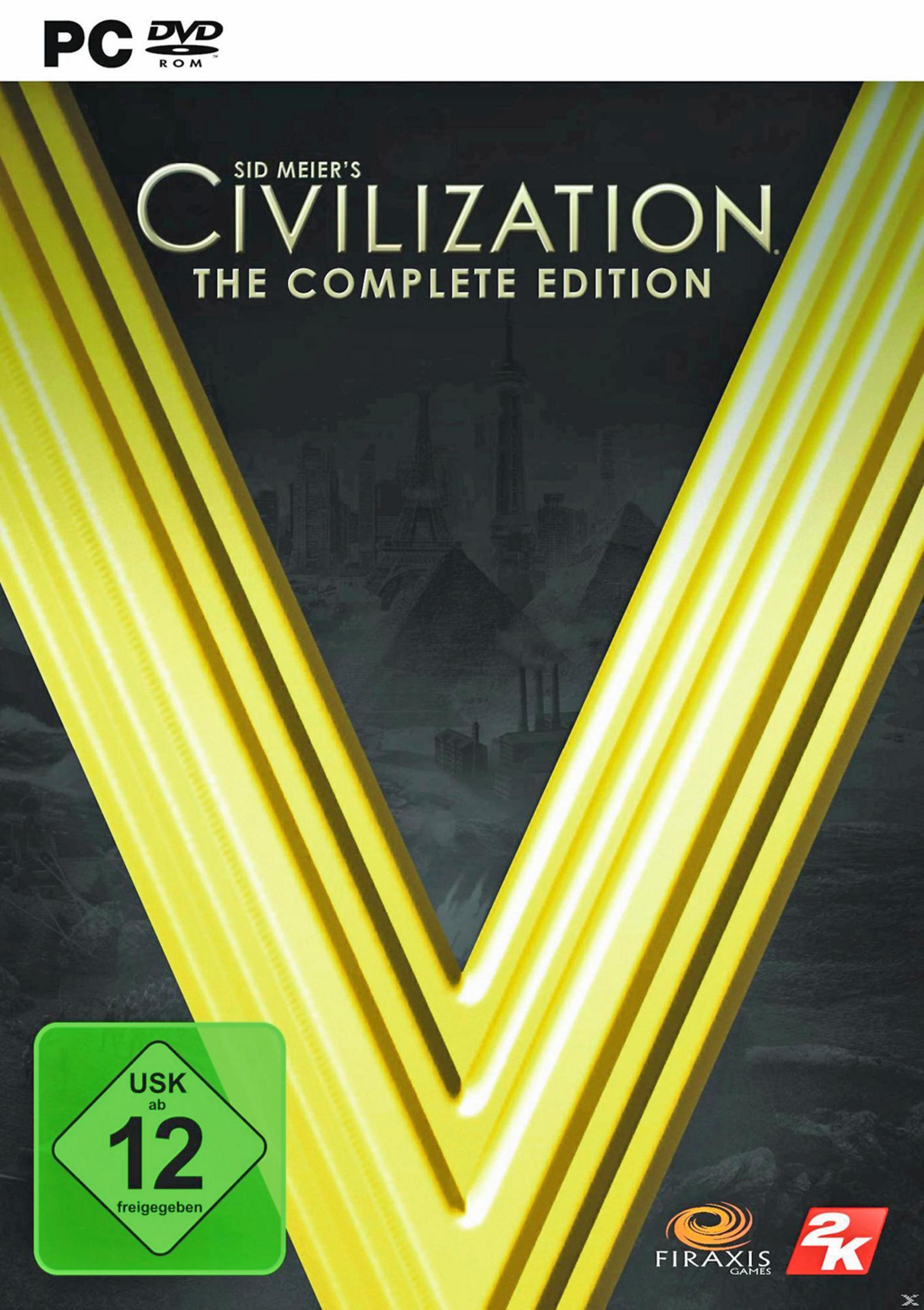 Spielbox mit gelbem V-förmigen Design. Der Titel lautet 'Civilization: The Complete Edition'. Grünes USK-Label.