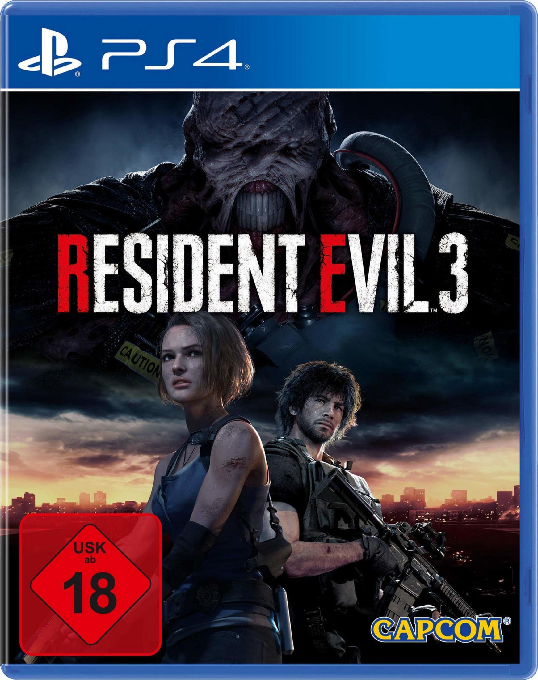Resident Evil 3-Spielcover zeigt einen Zombie, eine Frau, einen Mann mit Waffe und den Spieltitel, mit PS4-Logo.