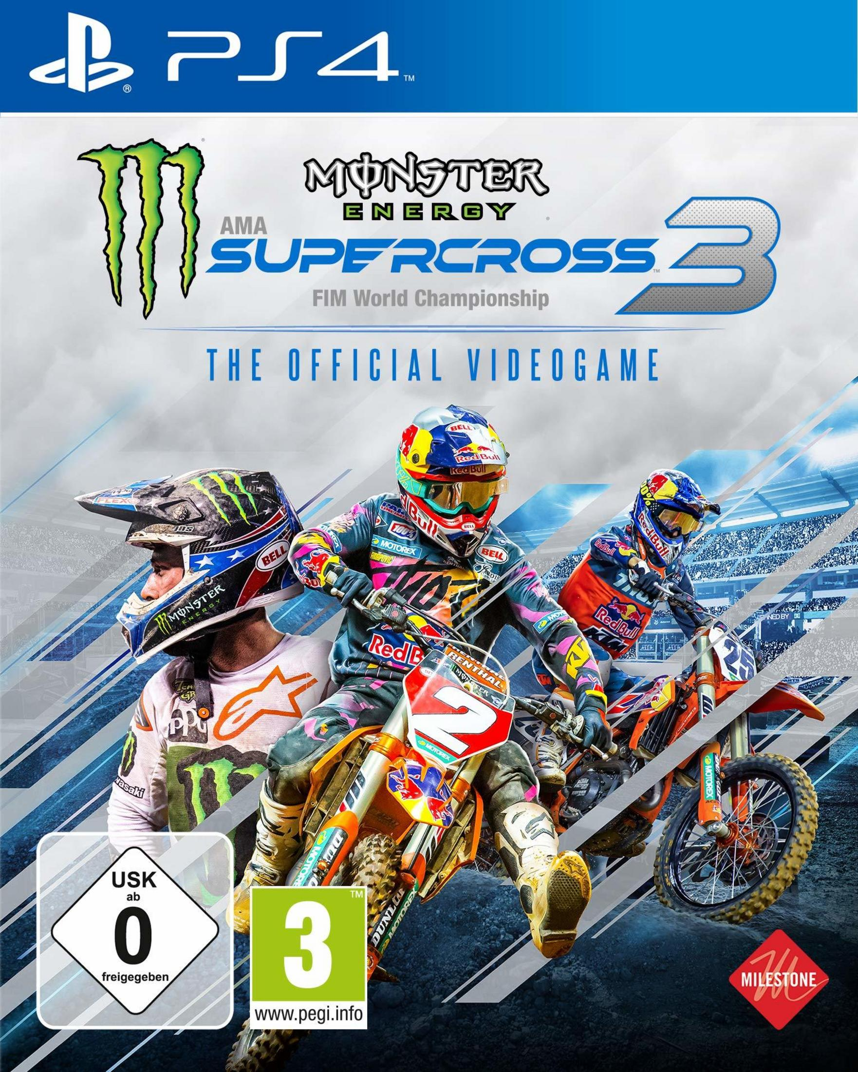 Spiel-Cover: Motocross-Rennfahrer auf Motorrädern, Monster Energy Logo, PS4 Logo.